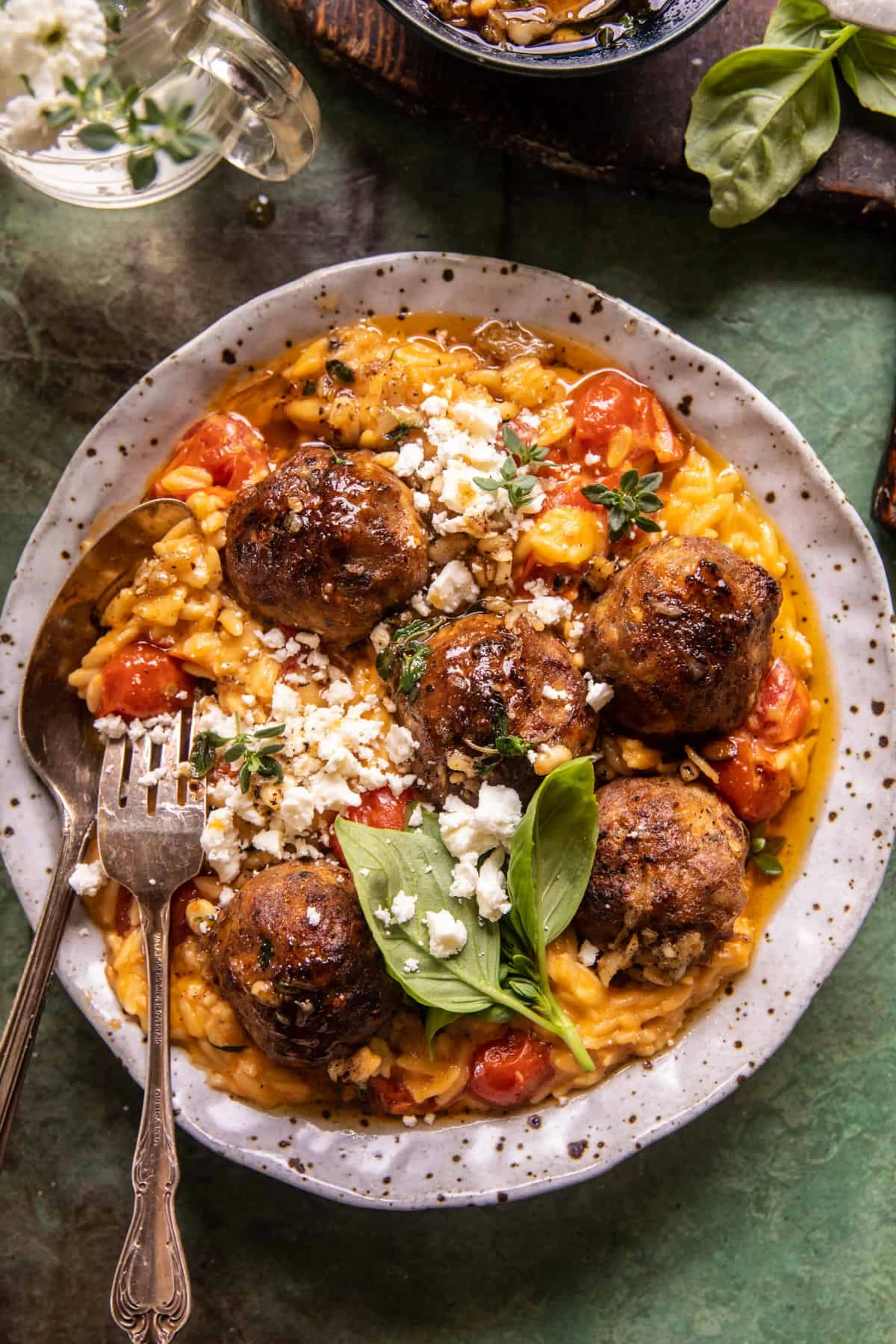 Greek Chicken Meatballs with Creamy Tomato Orzo