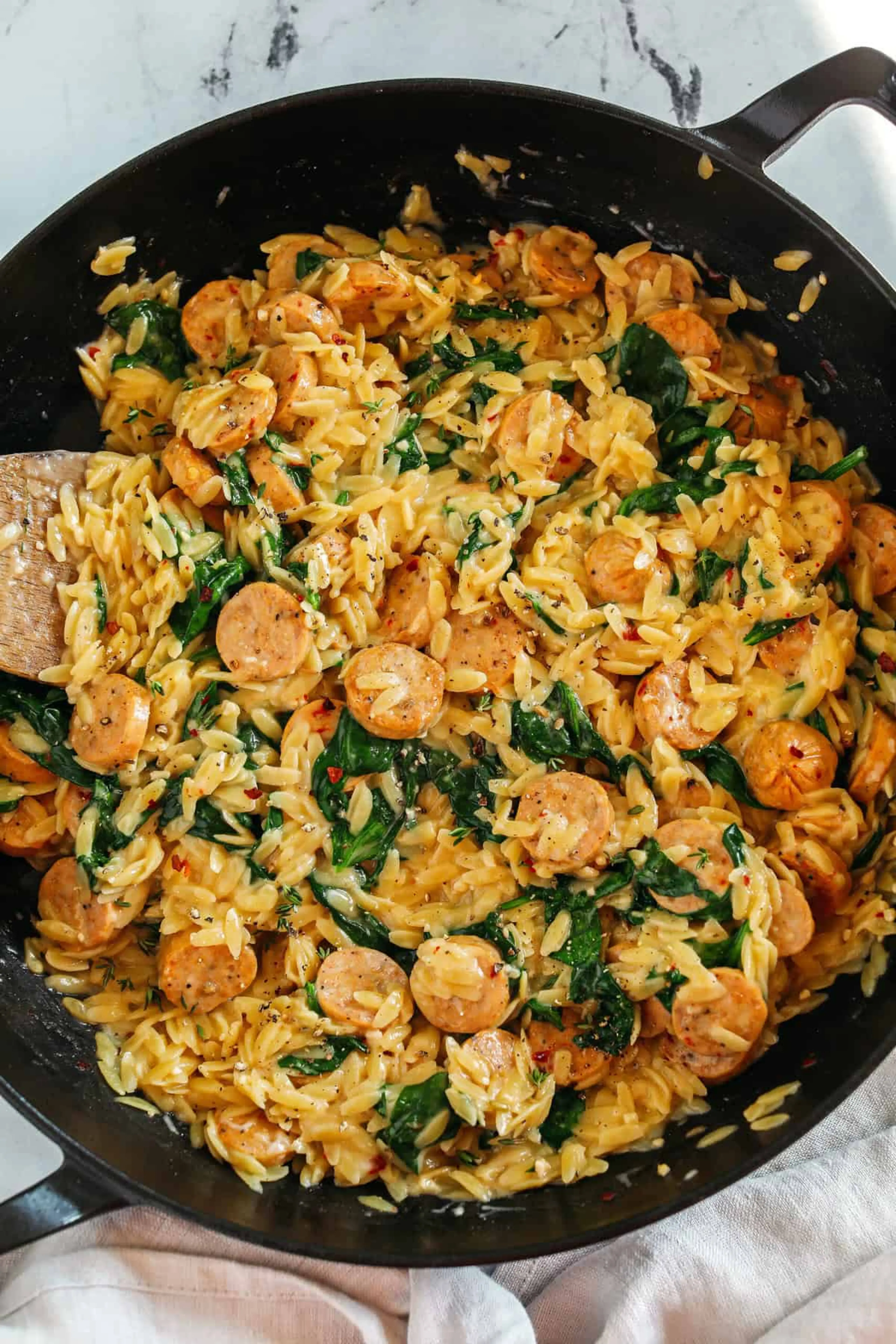 Creamy Chicken Sausage Orzo Skillet