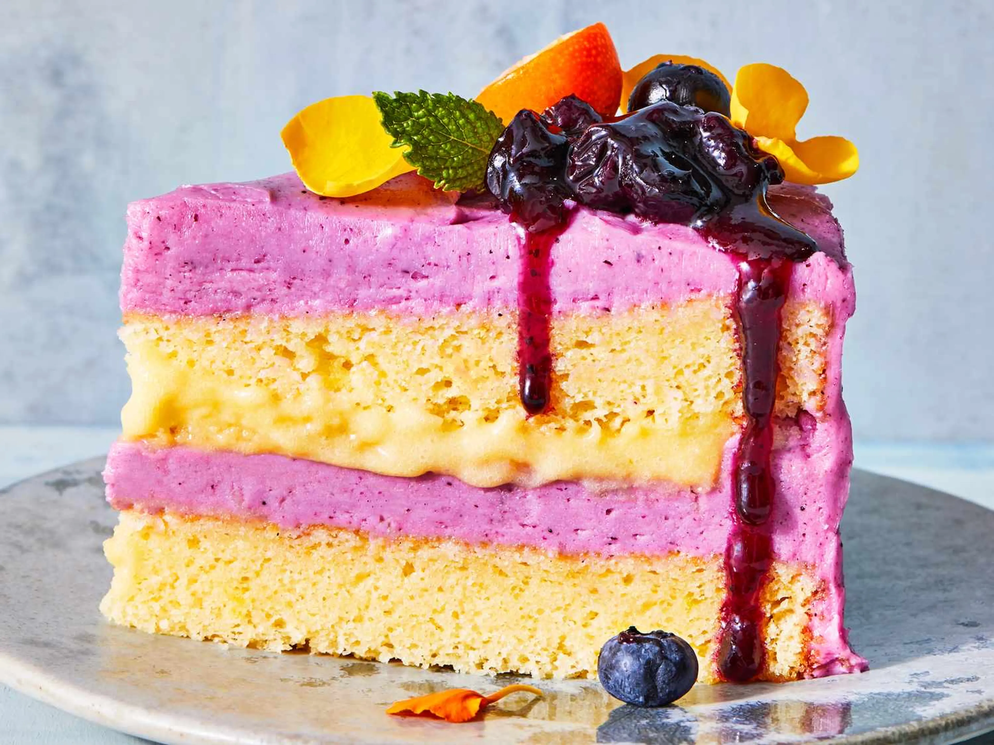 Lemon Chiffon Cake with Blueberry-Coriander Buttercream