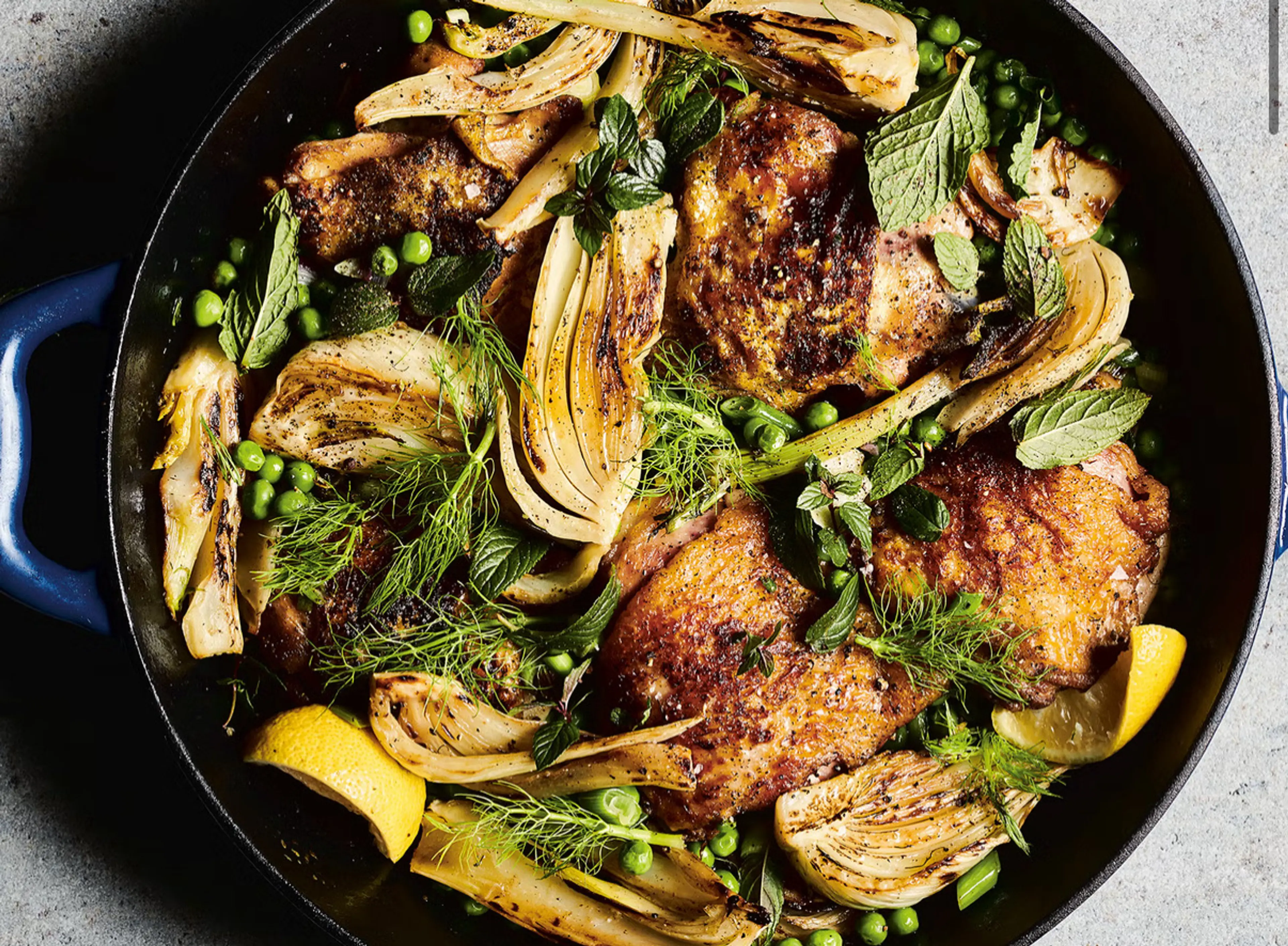 Crispy McCrisperson Chicken Thighs with Herby Peas & Fennel