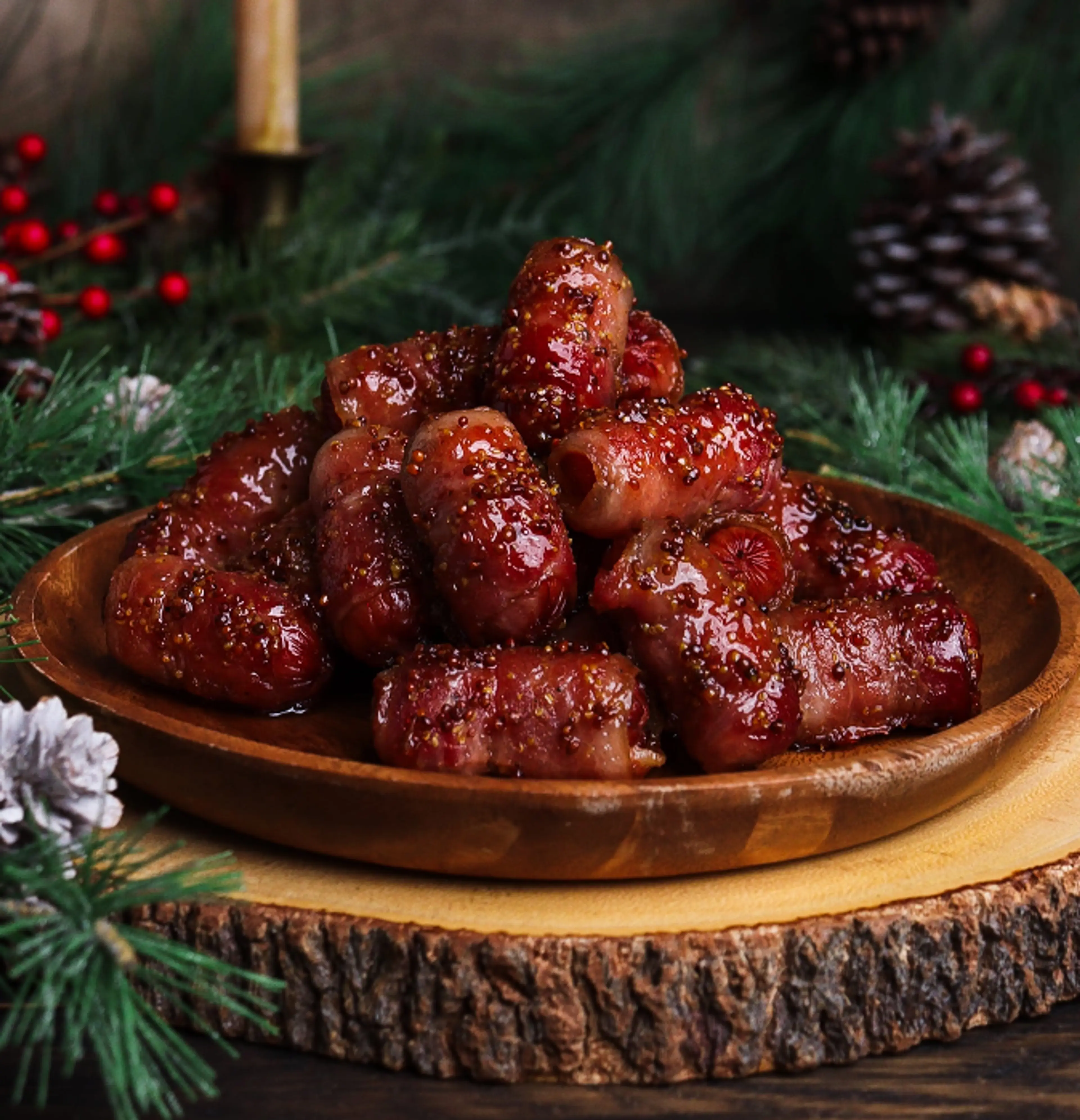 Maple Mustard Bacon Wrapped Sausages