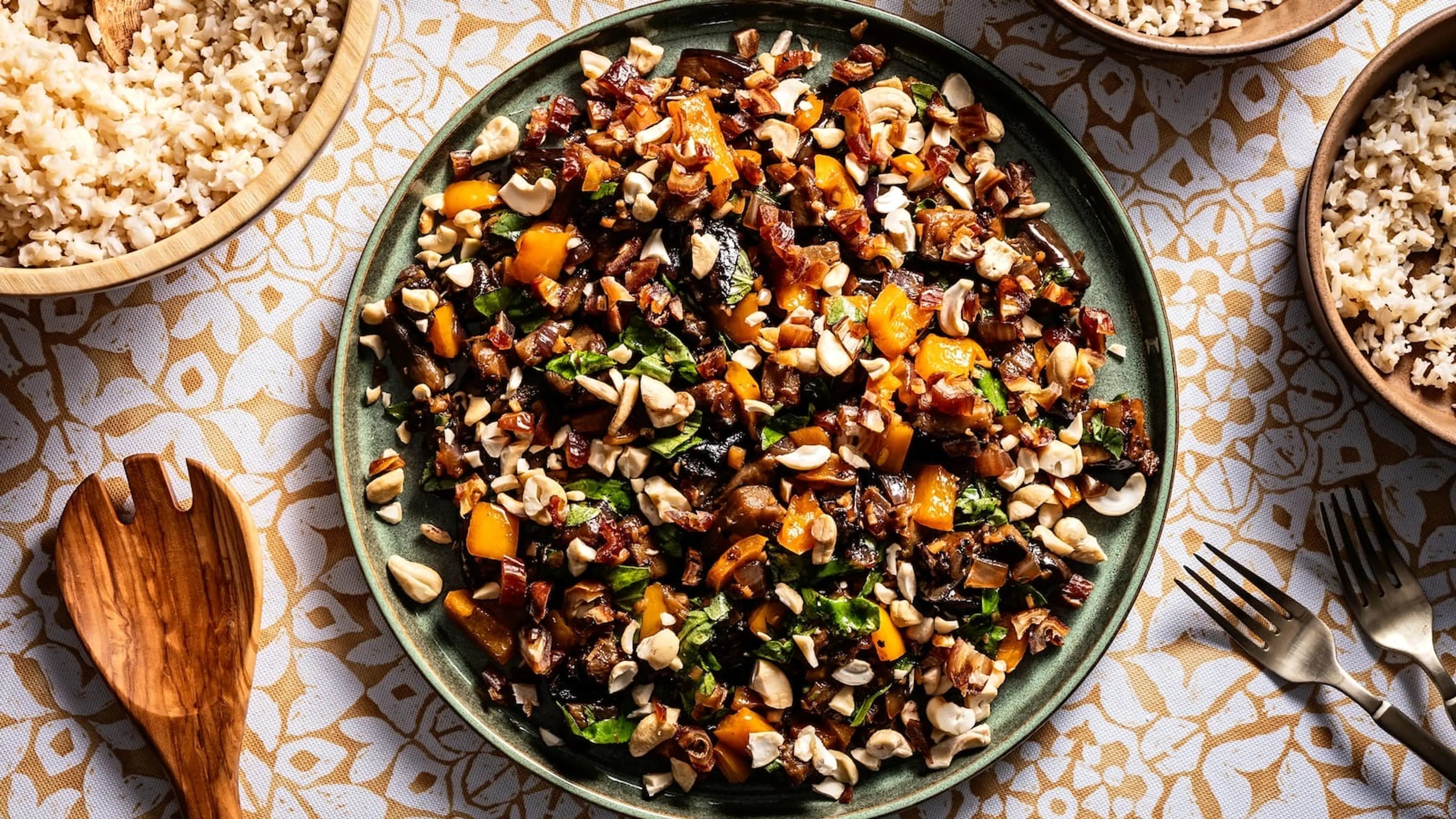 Spicy Basil Eggplant With Dates and Cashews