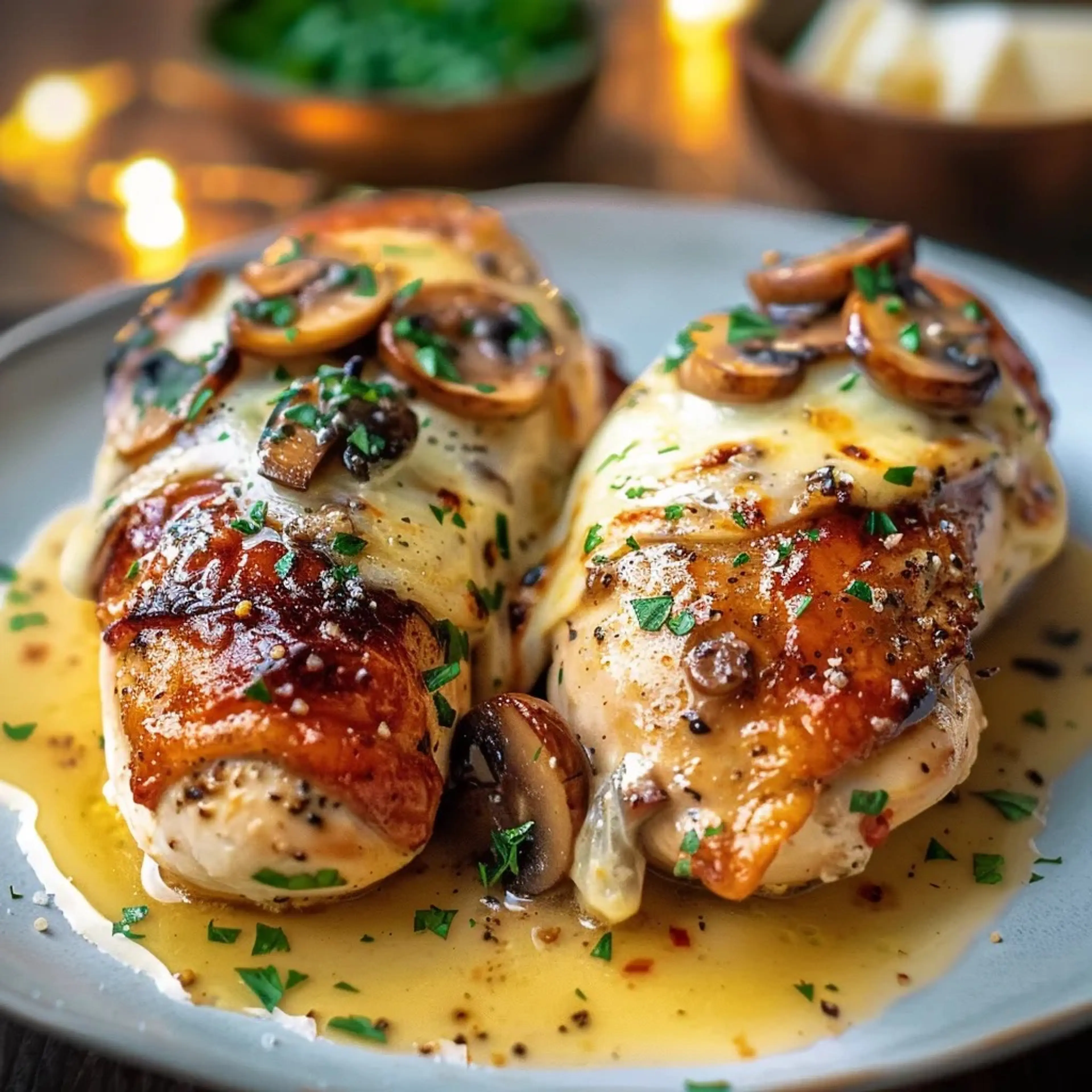 Cheesy Garlic Butter Mushroom Stuffed Chicken