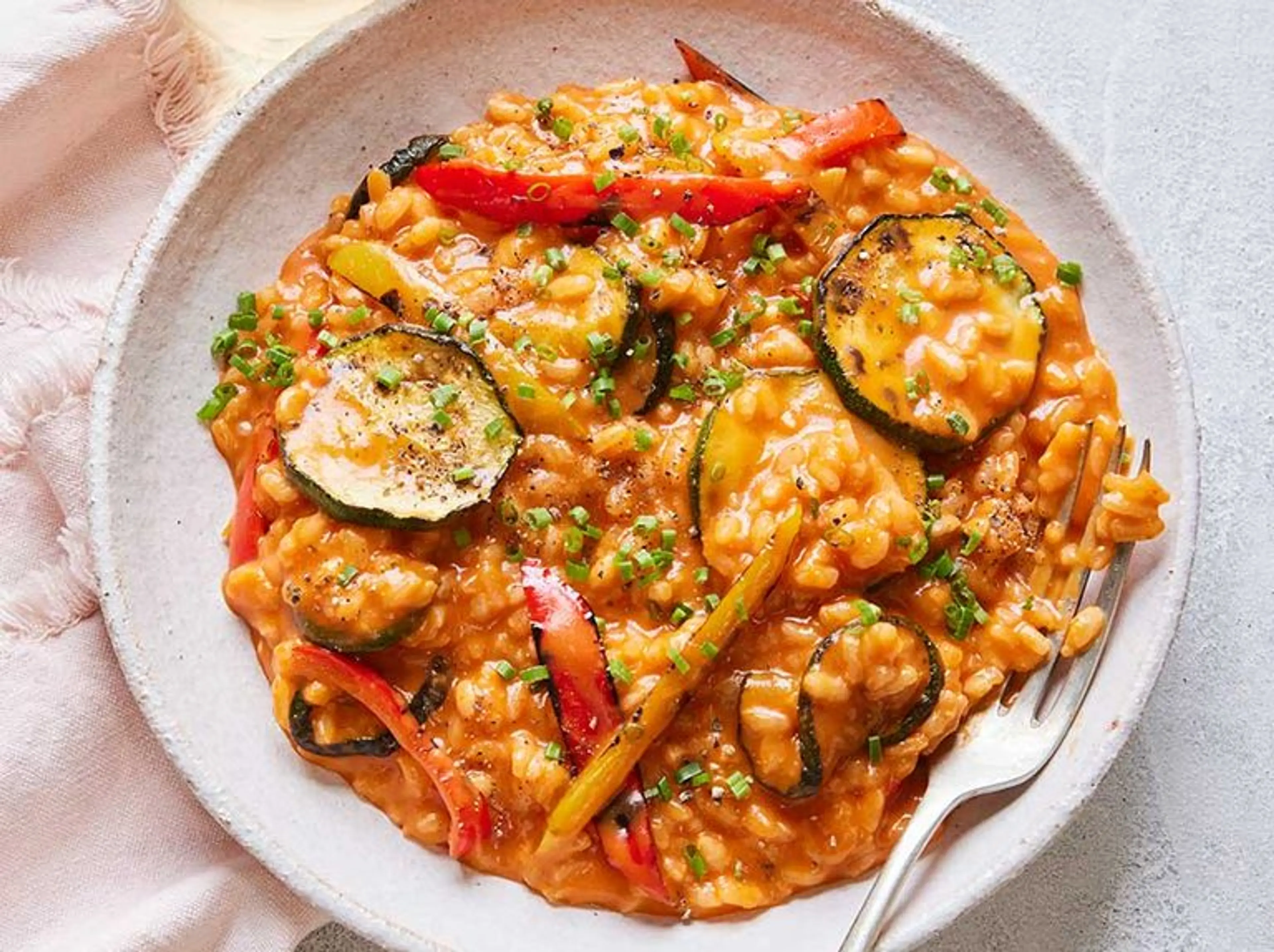 Roasted vegetable cheese & cheat's tomato risotto