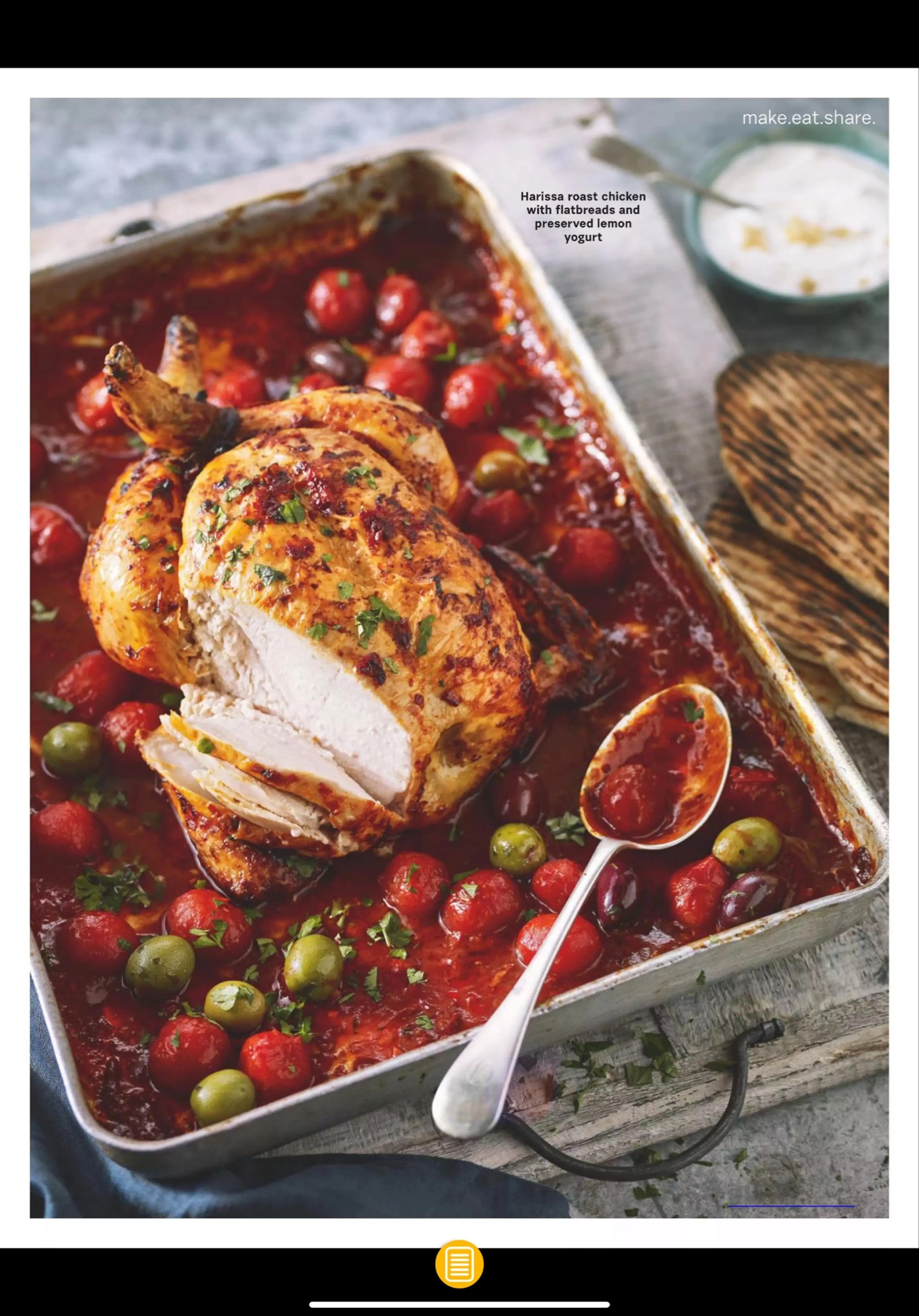Harissa roast chicken with flatbreads and preserved lemon yo