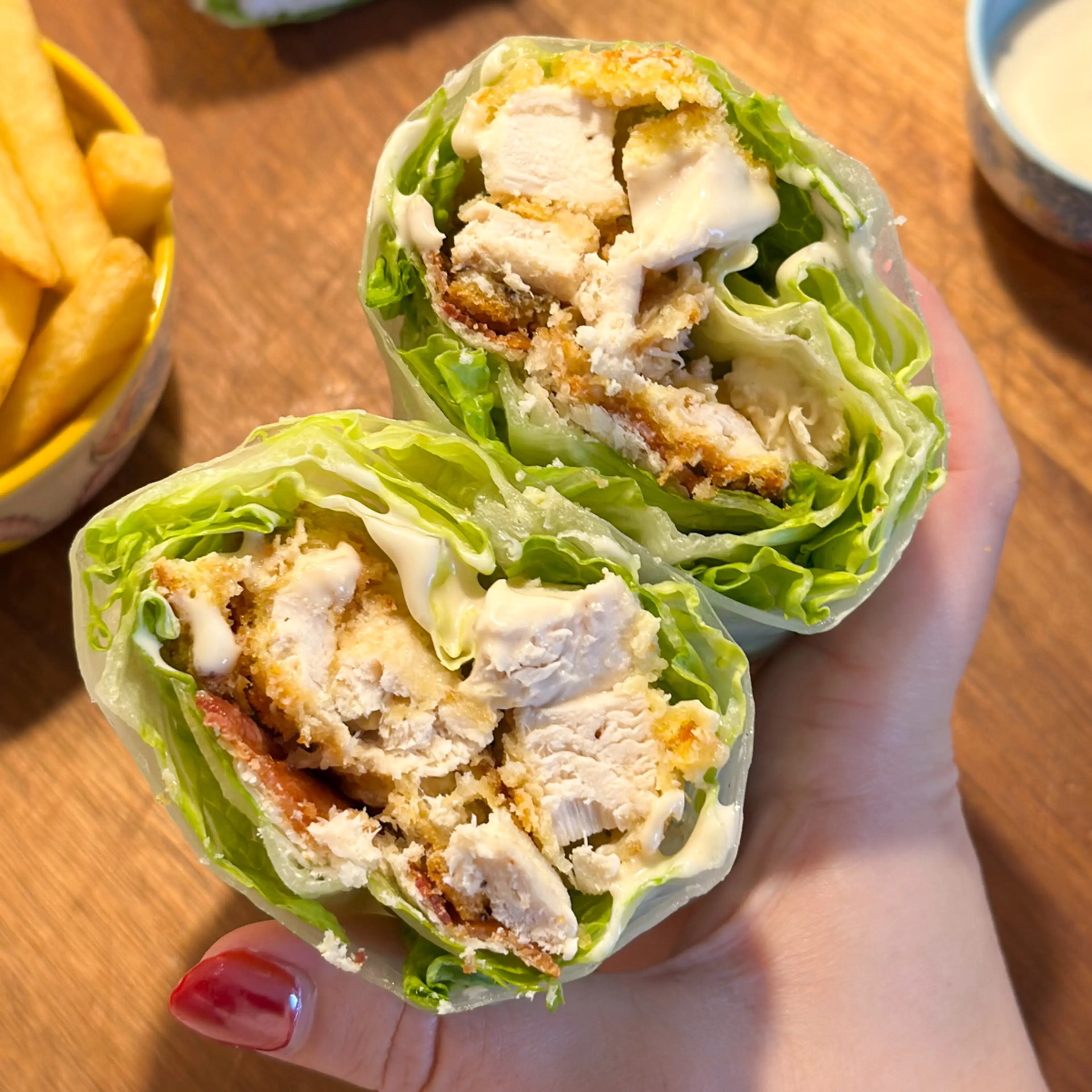 Chicken Caesar Salad Lettuce Wraps in Rice Paper