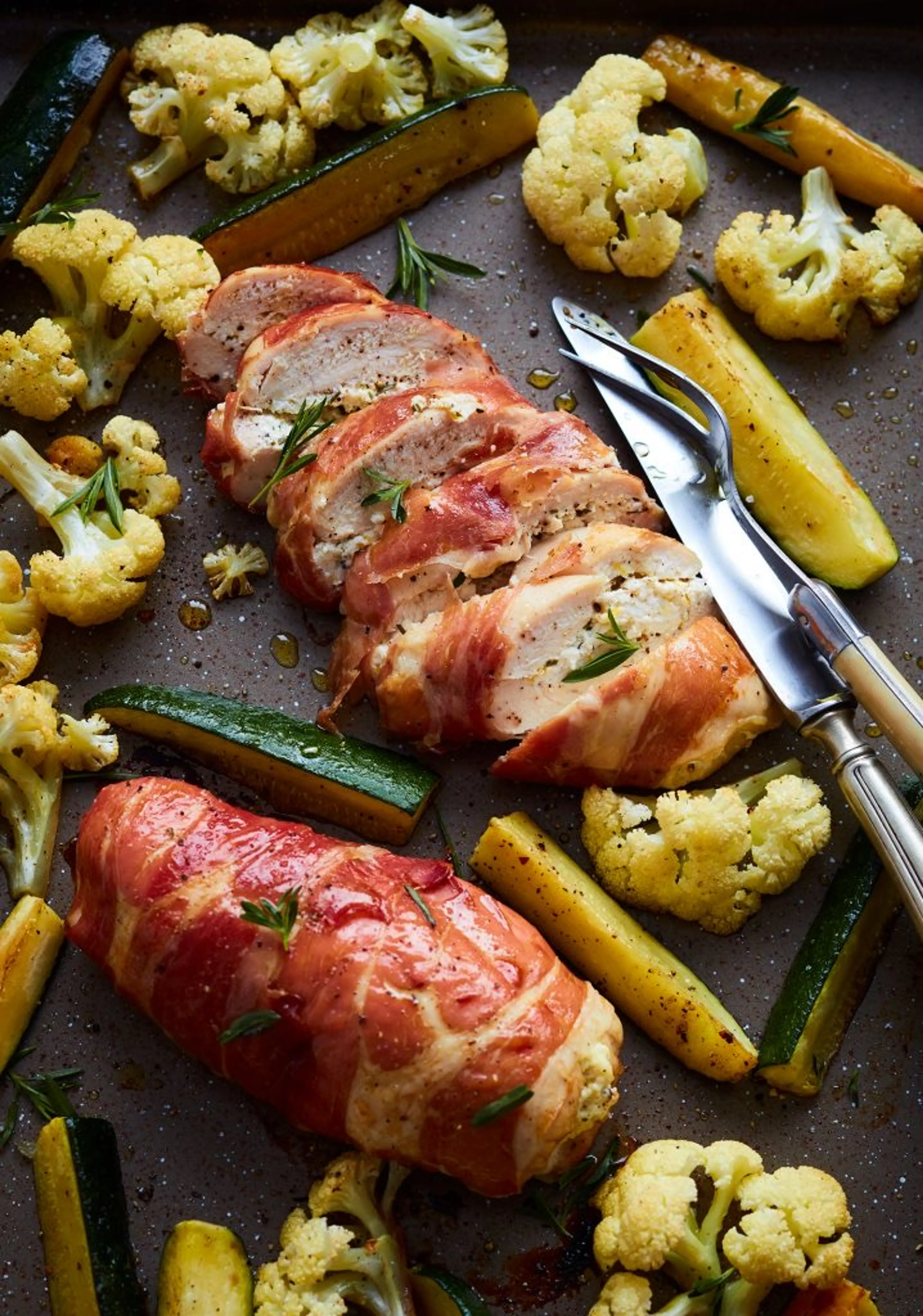 Proscuitto wrapped, ricotta stuffed chicken breast