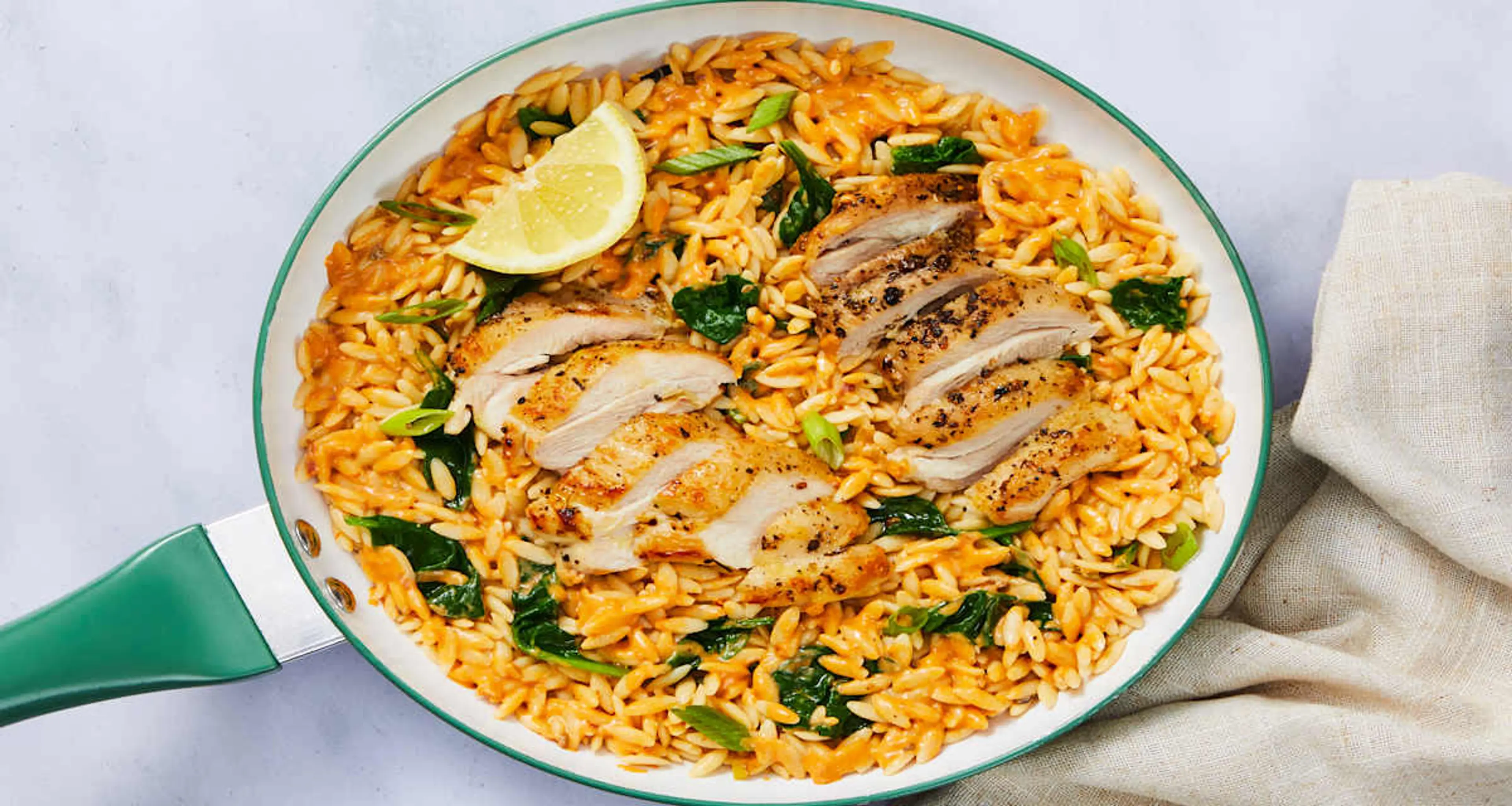 One-Pan Italian Chicken Orzotto with Chicken Thighs, Spinach