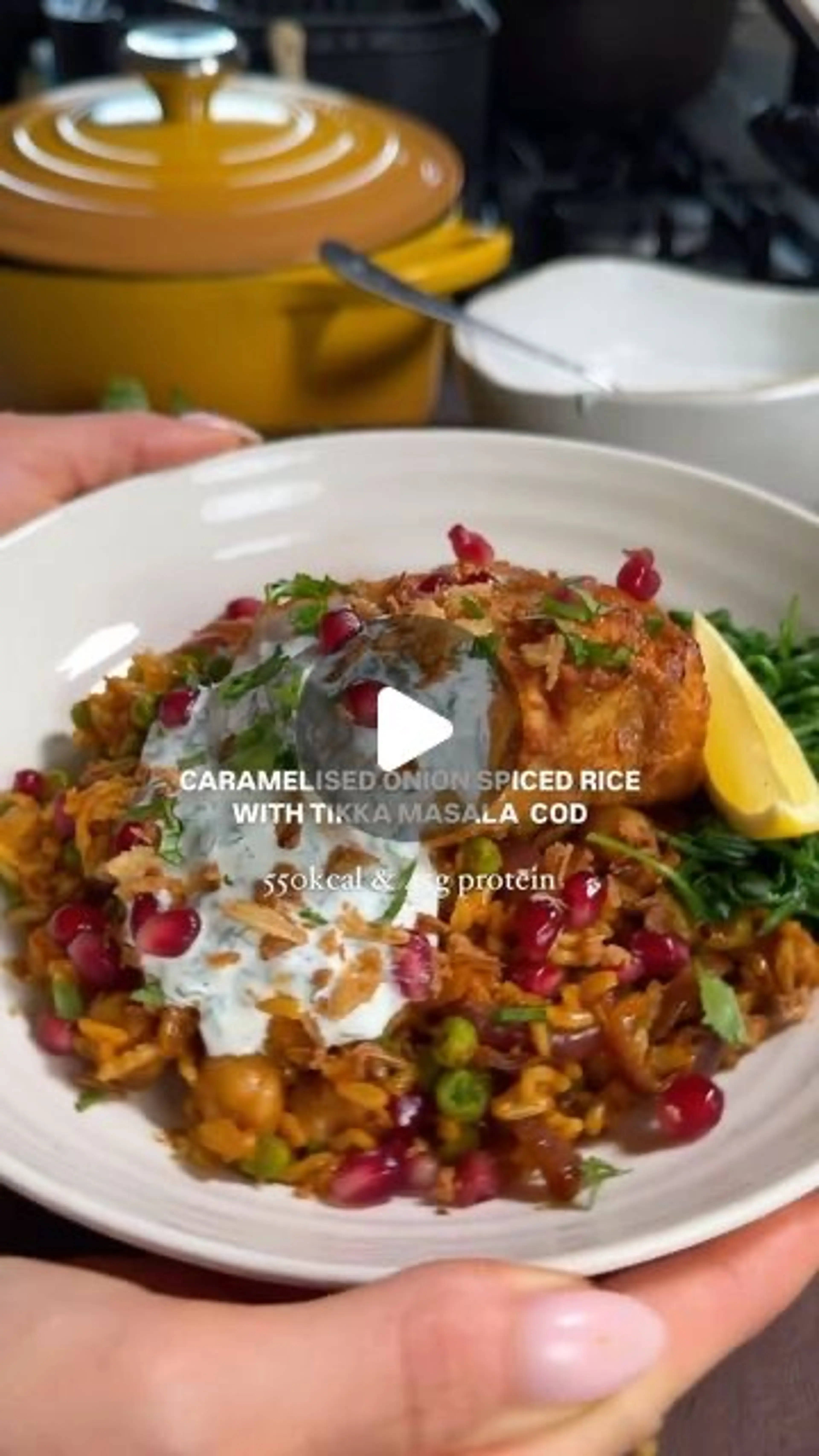 Caramelised Onion Rice with Tikka Cod and Raita