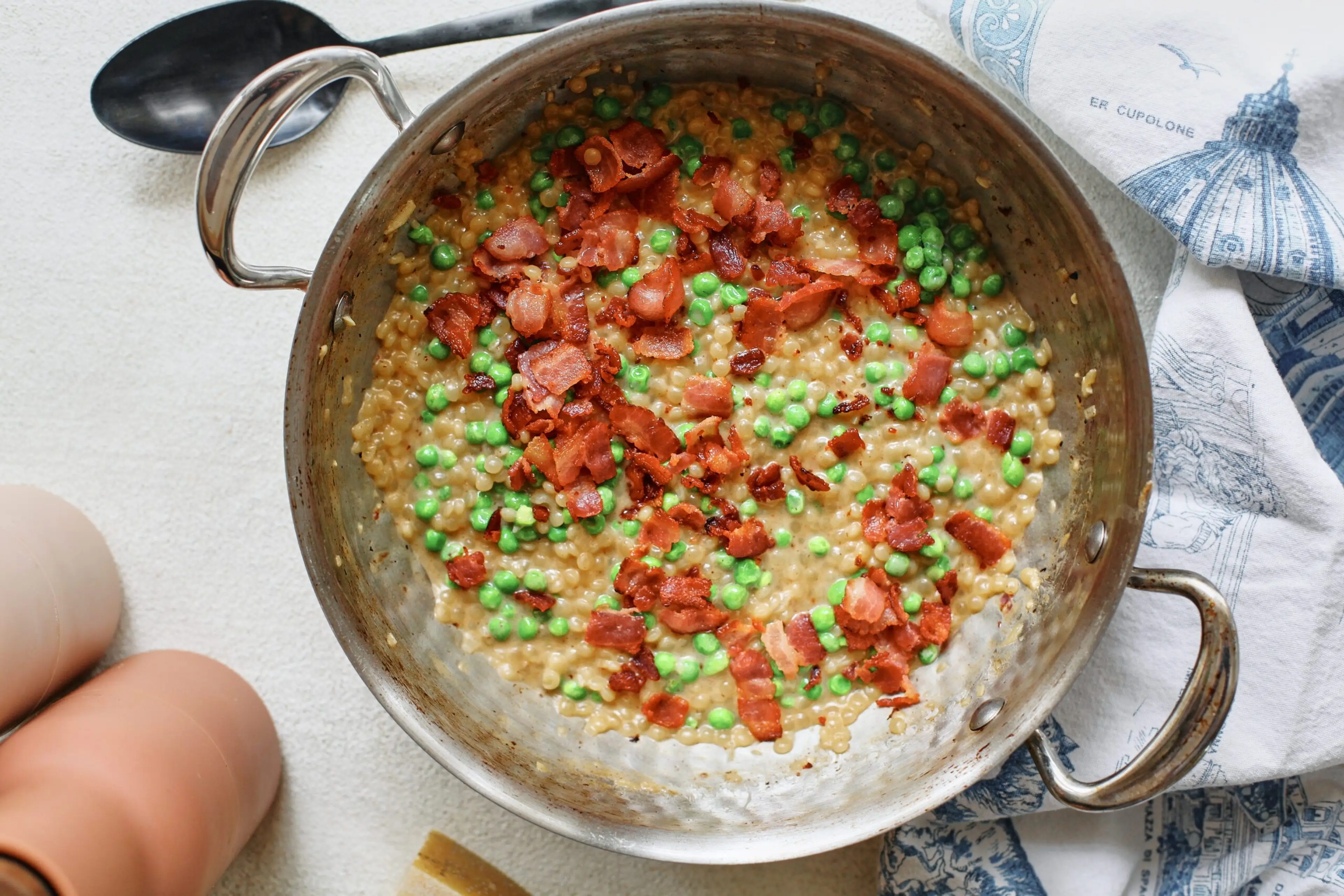 Pearl Couscous with Bacon & Peas