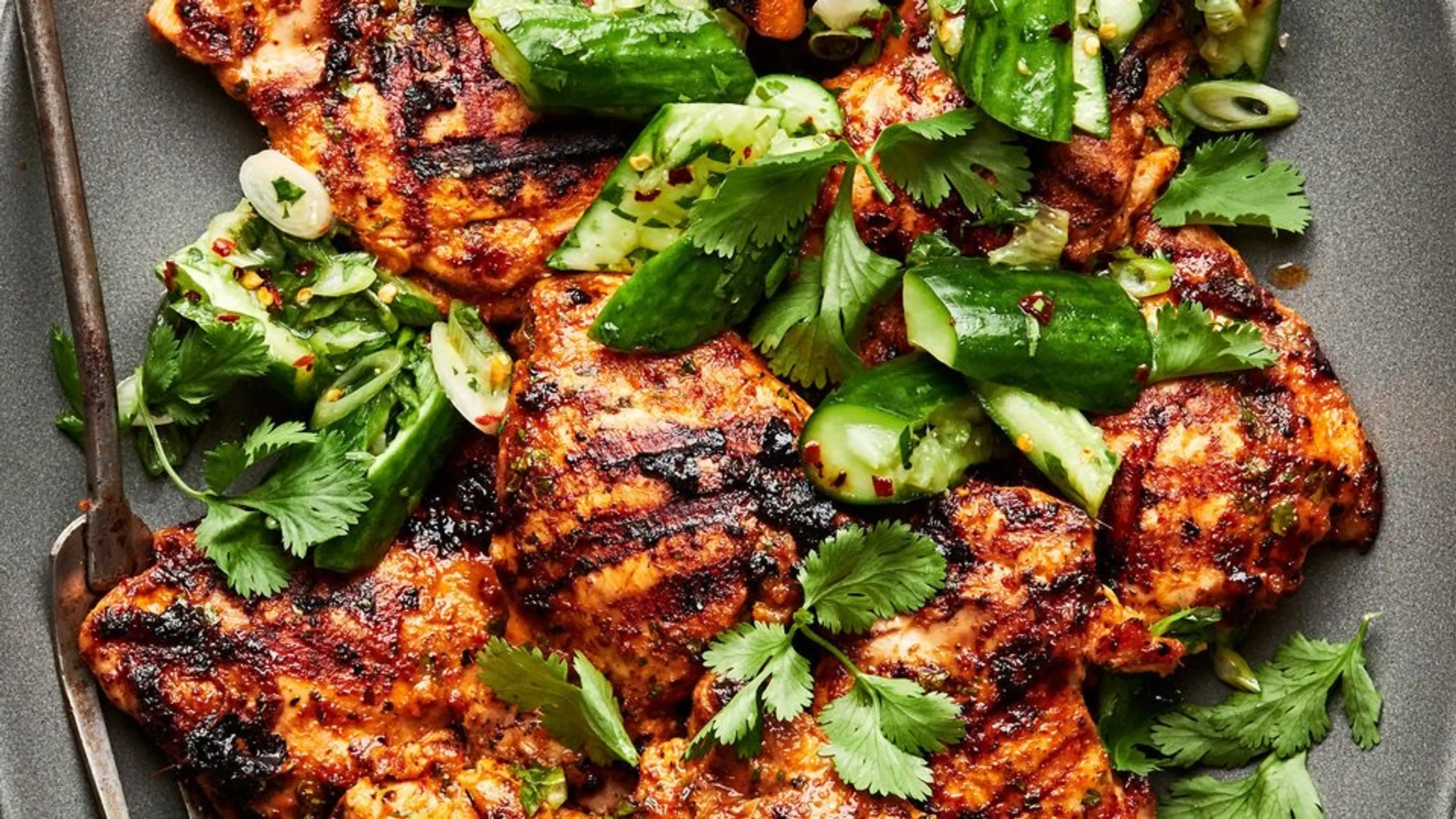 Grilled Curry Chicken with Smashed Cucumber Salad