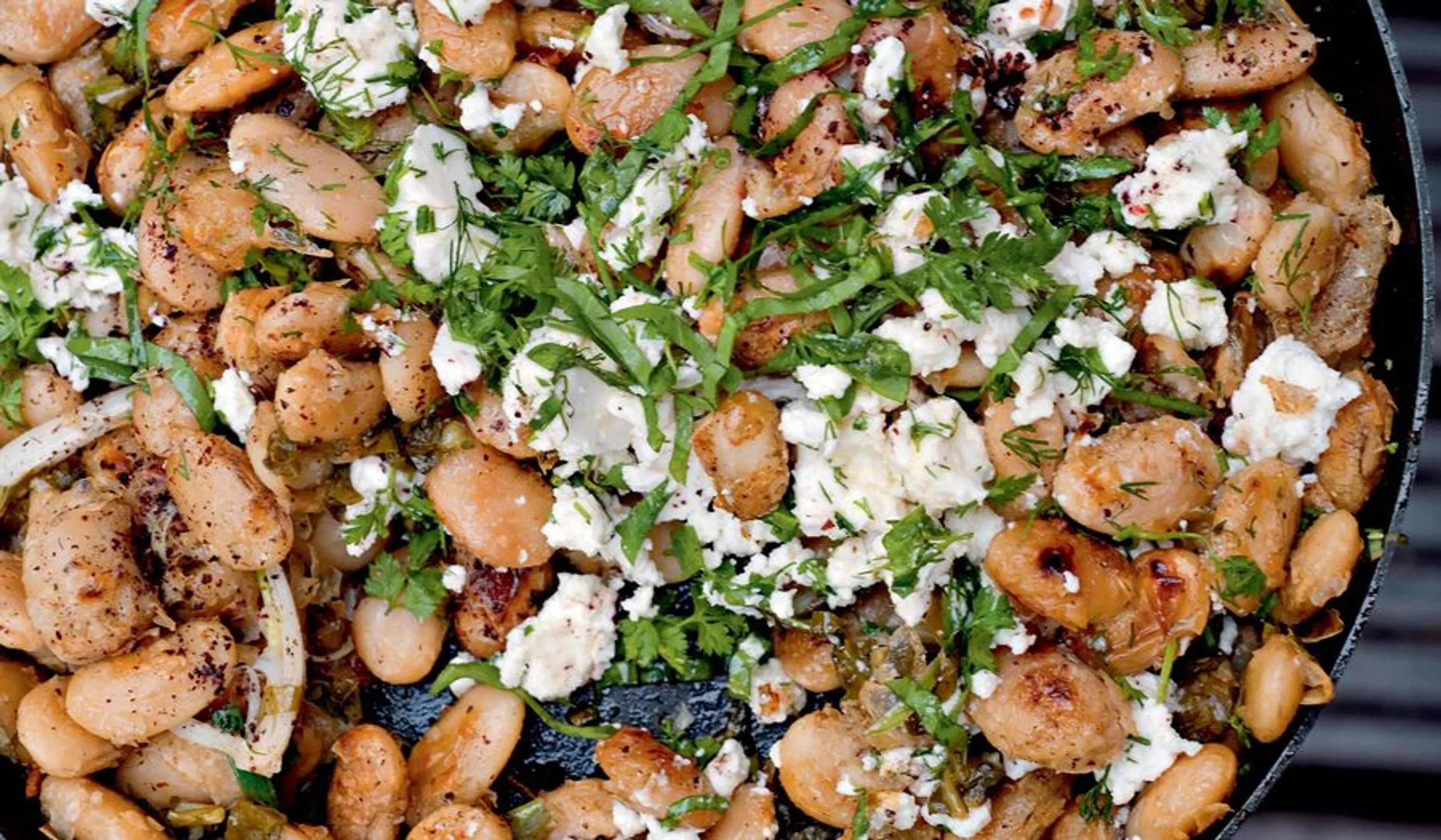 Fried butter beans, leek, and spinach