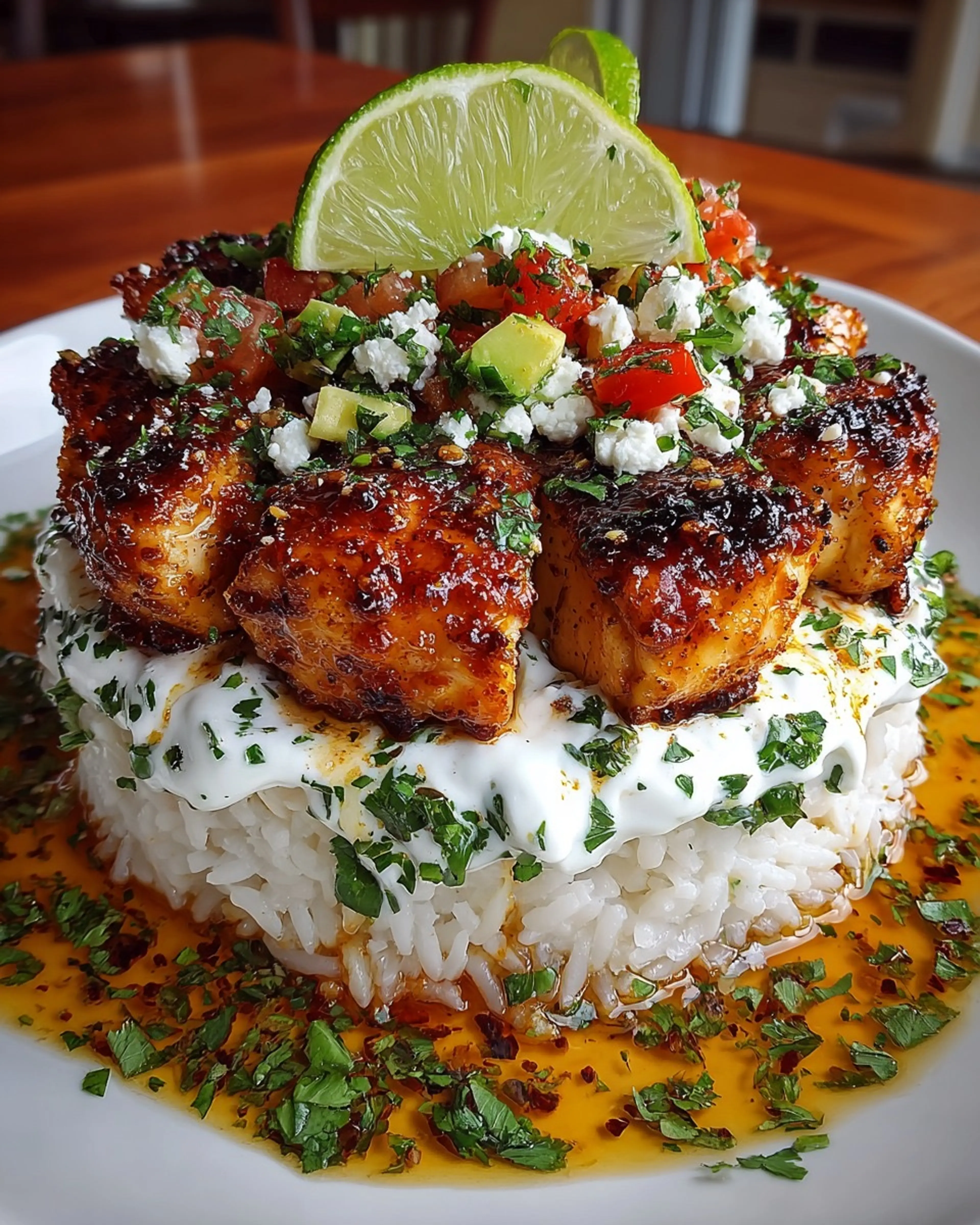Honey Lime Chicken Rice Stack with Whipped Garlic Feta