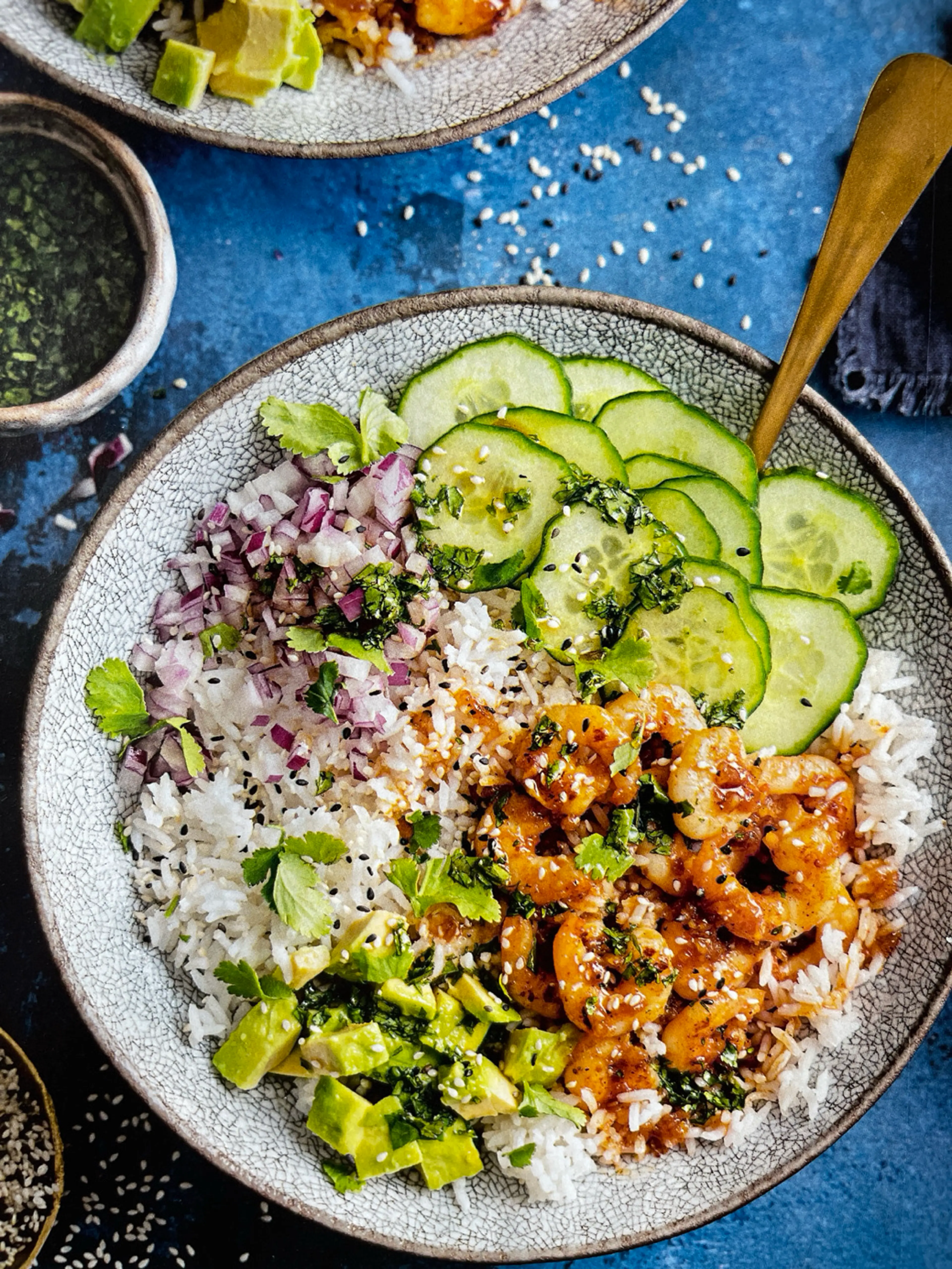 Honey-garlic prawn rice bowls