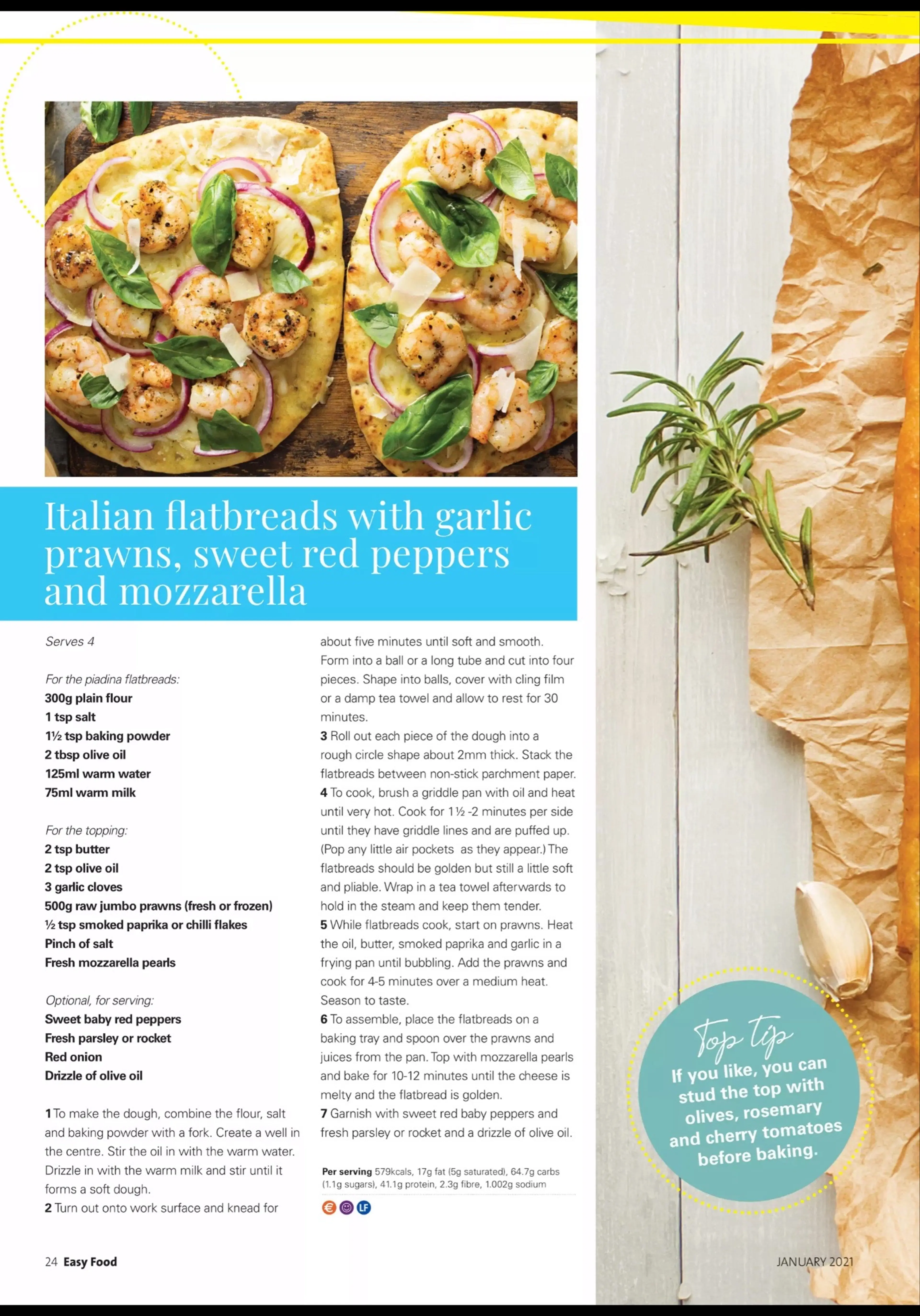Italian flatbreads with garlic prawns, sweet red peppers and
