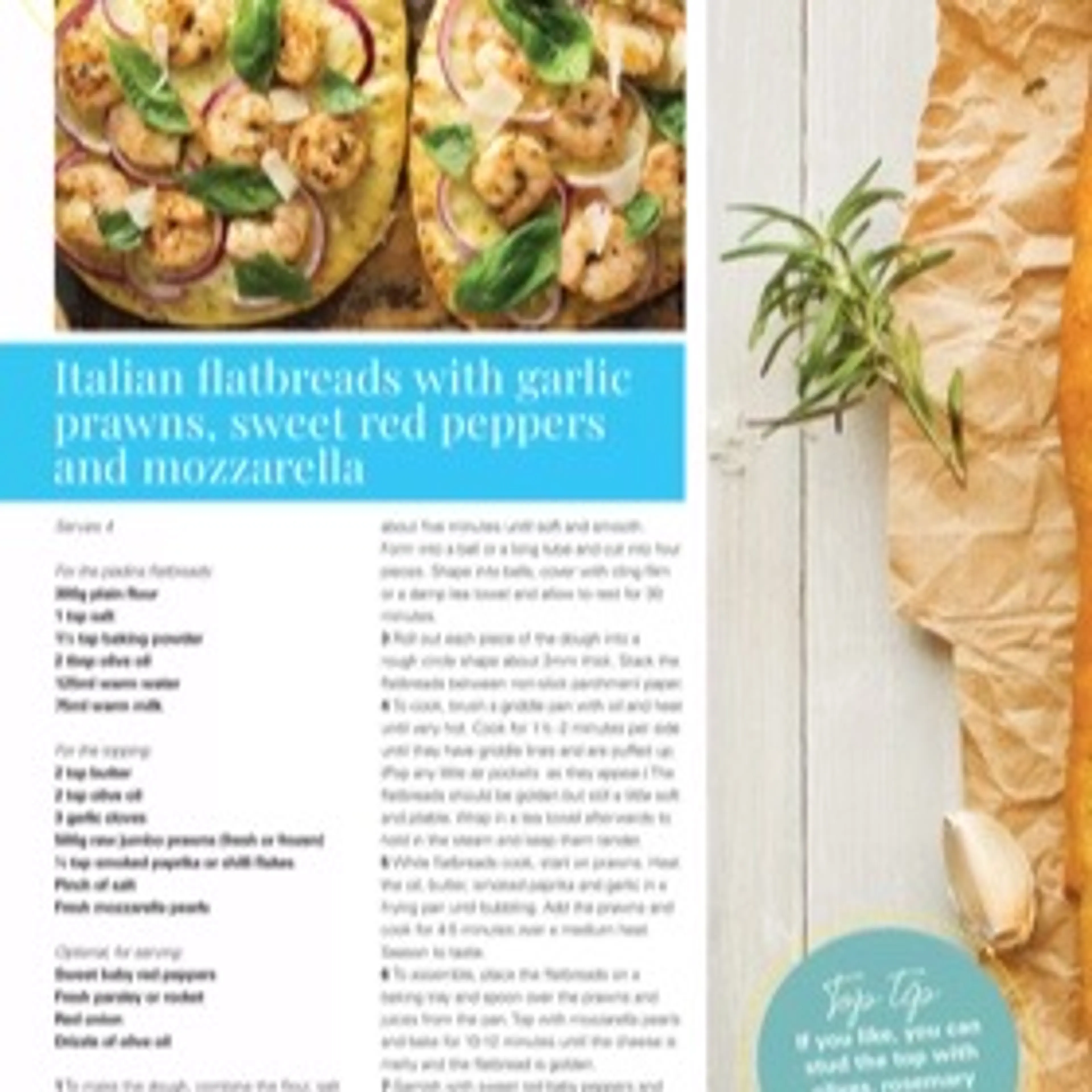 Italian flatbreads with garlic prawns, sweet red peppers and