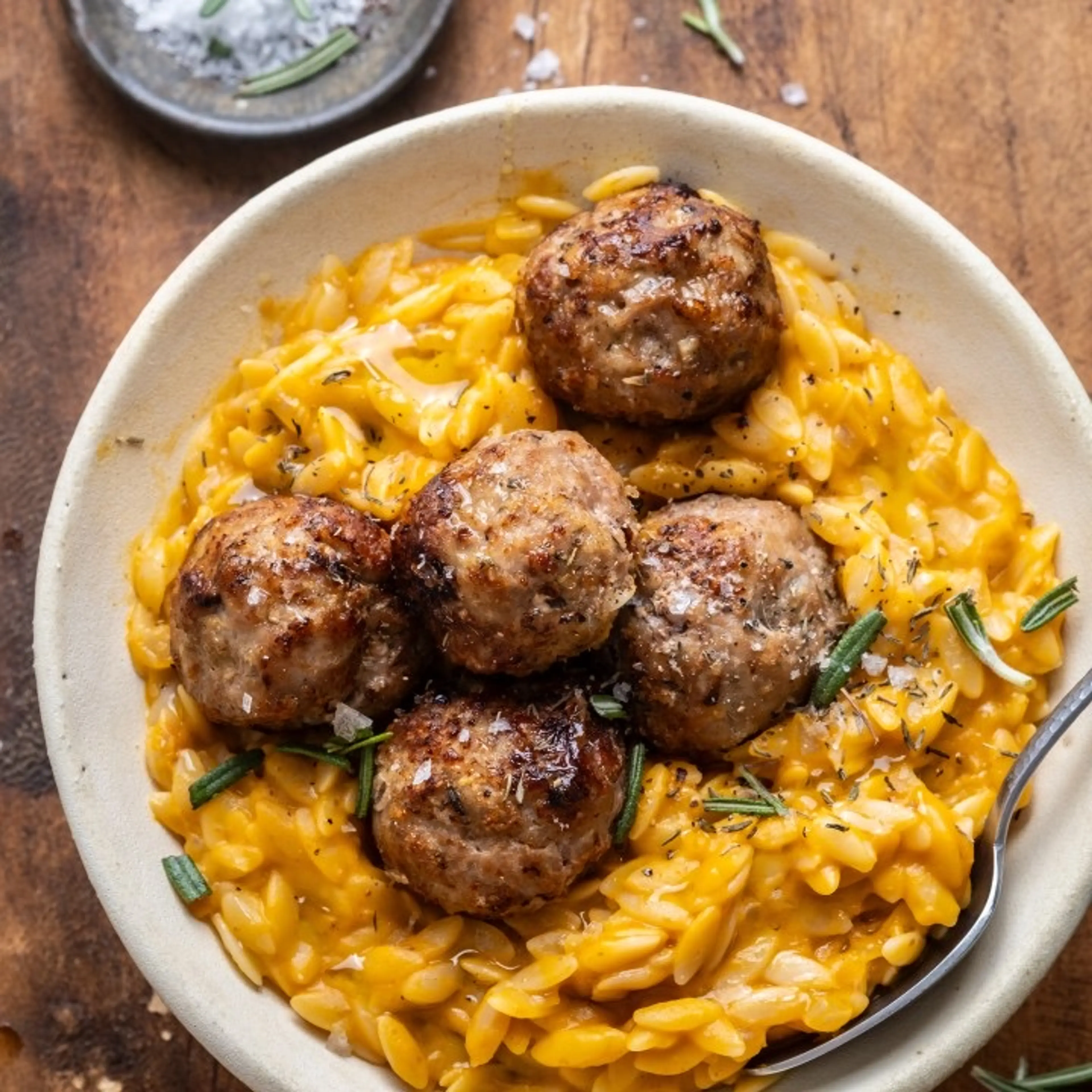 Lemon Thyme Meatballs with Creamy Pumpkin Orzo