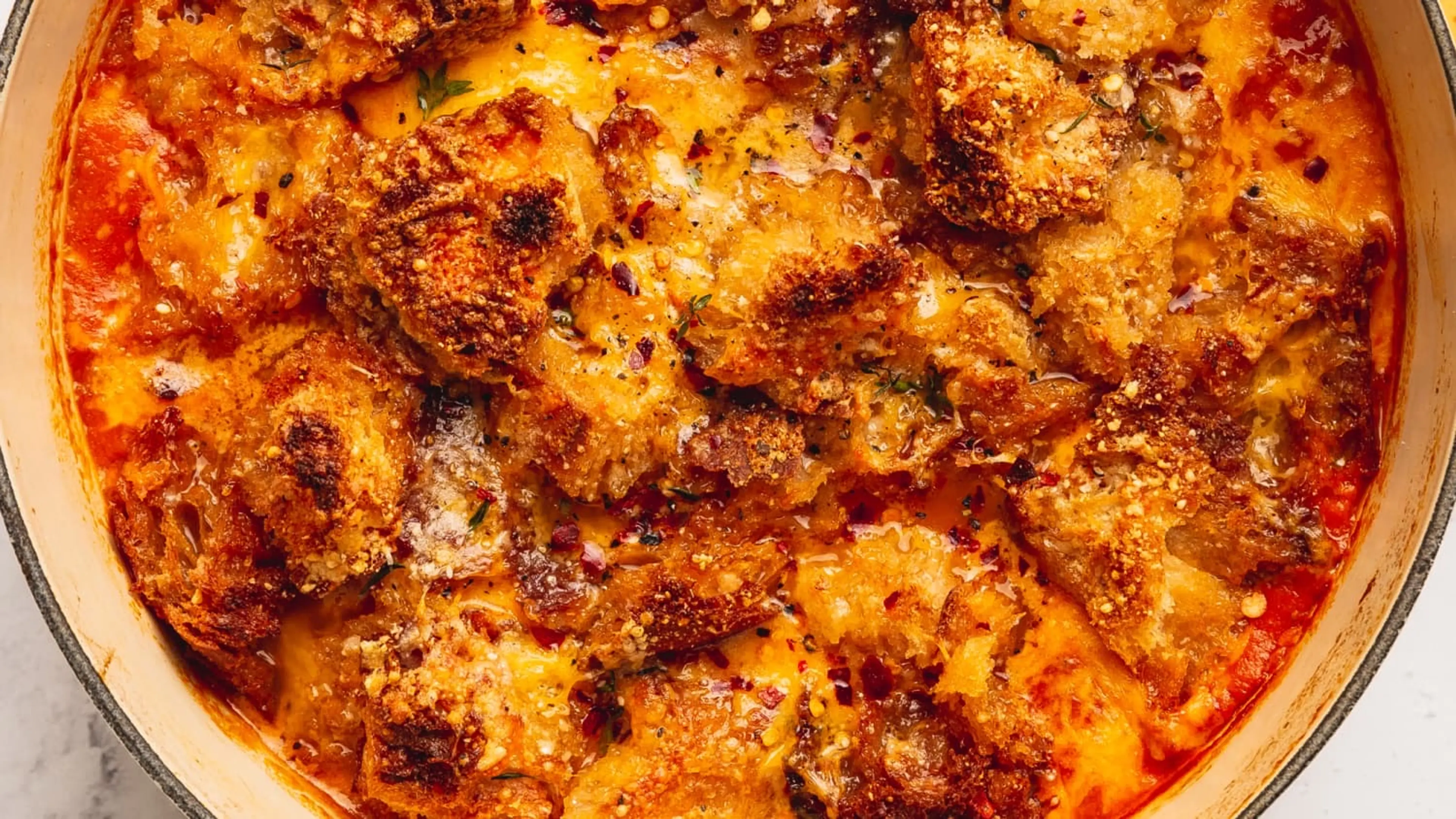 Roasted Tomato Soup with Cheesy Crouton Topper