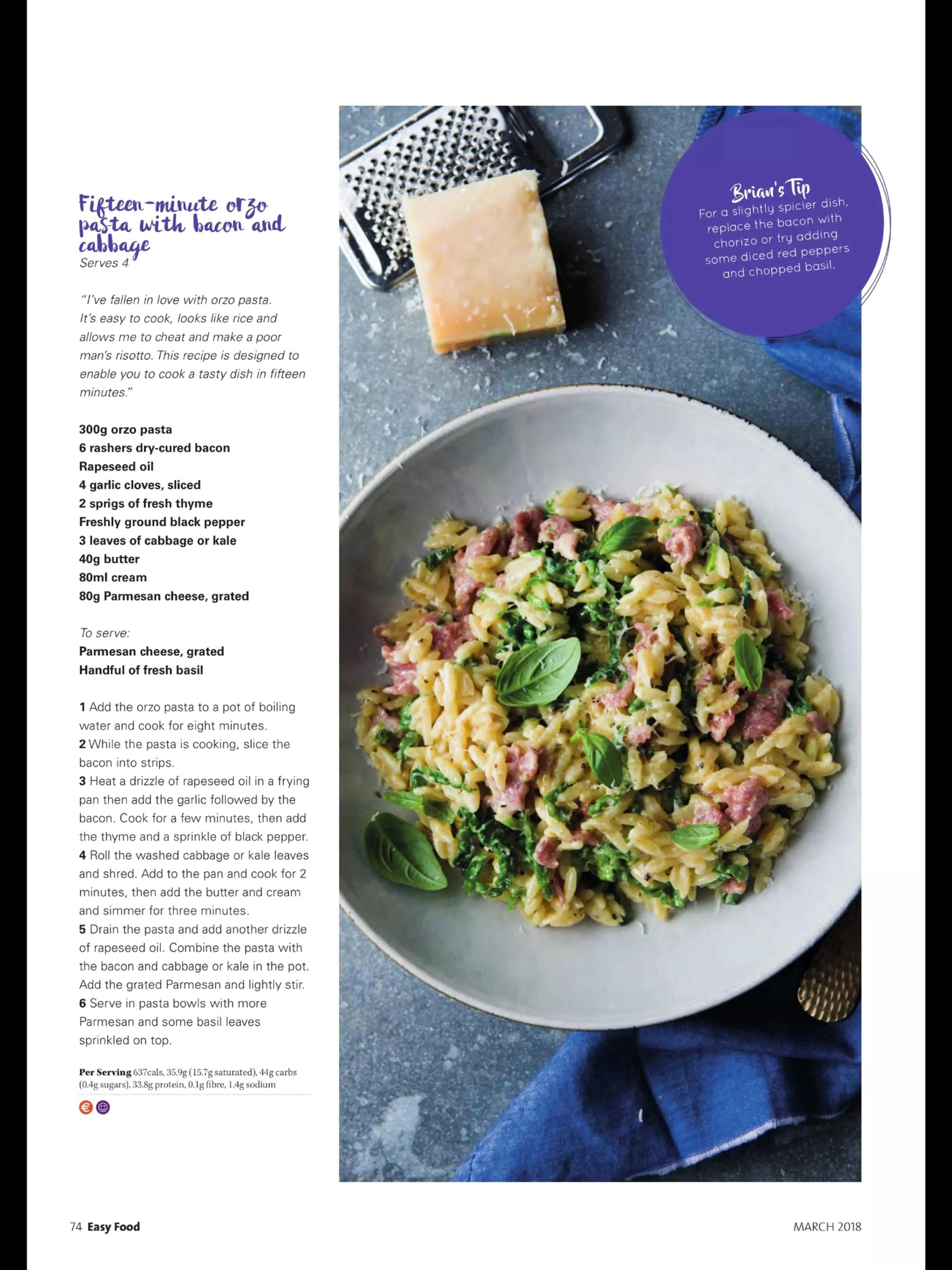 Fifteen minute orzo pasta with bacon and cabbage