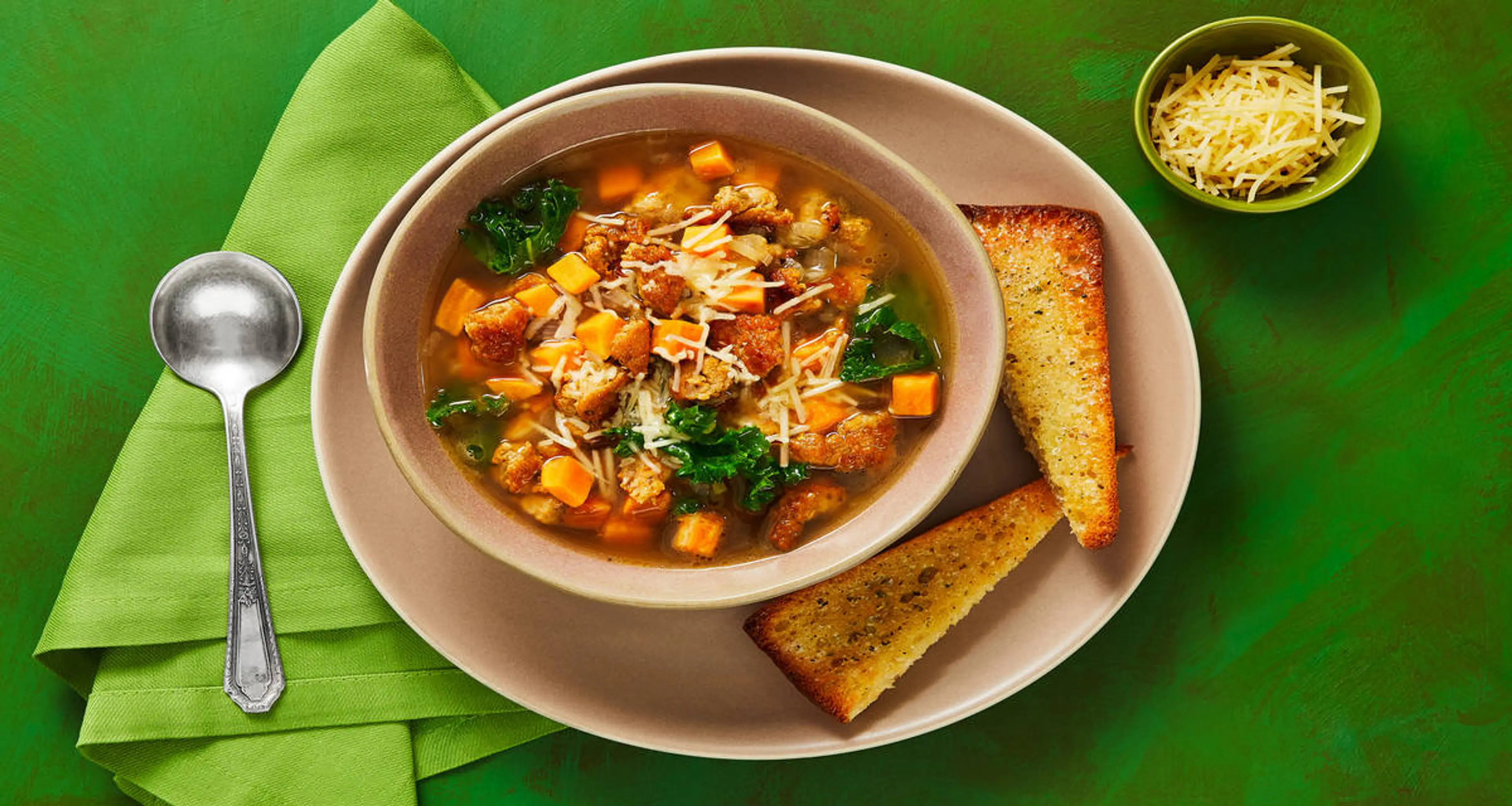 Chicken Sausage & Sweet Potato Soup with Herb Butter Toast P