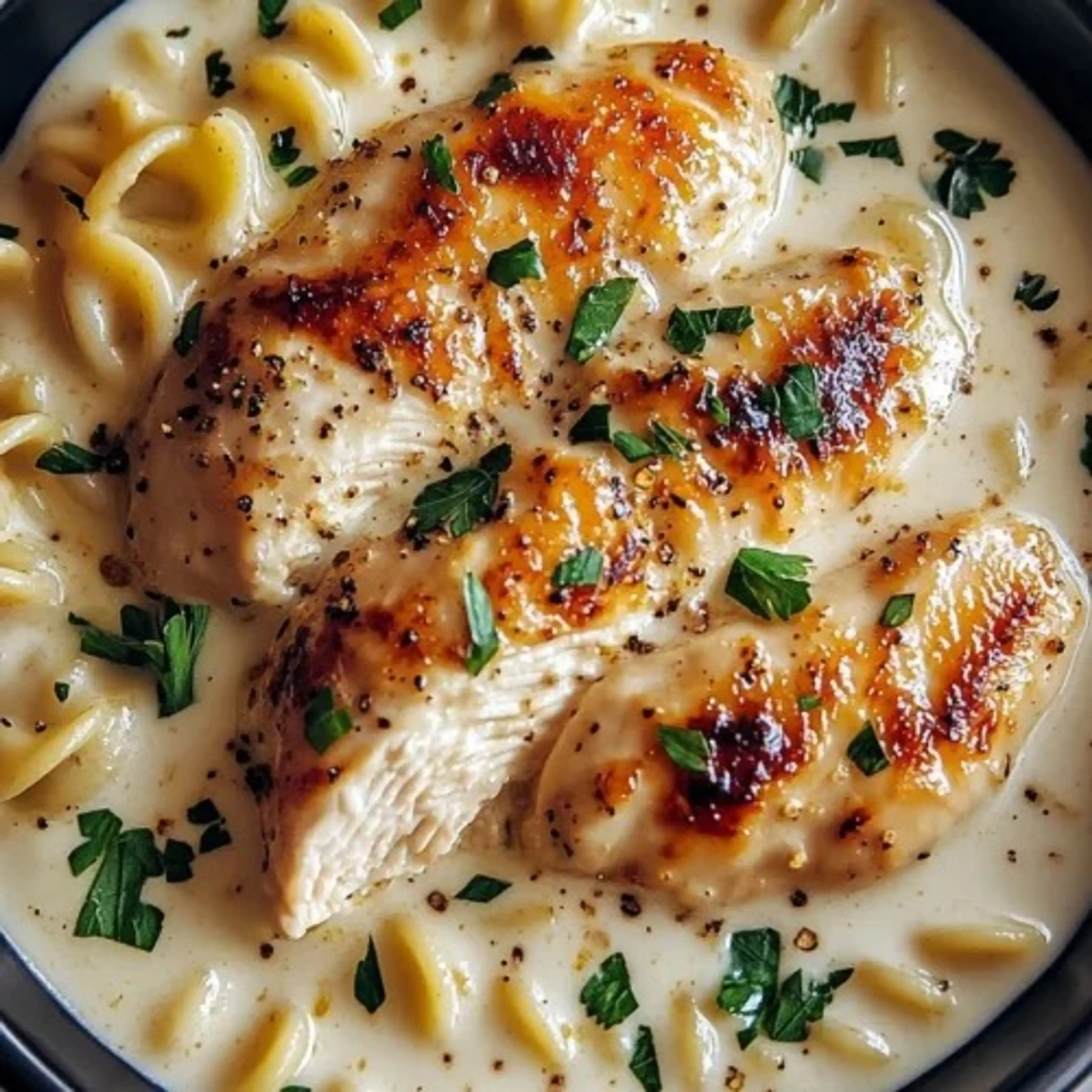 Creamy Garlic Butter Chicken and Rotini in Parmesan Sauce