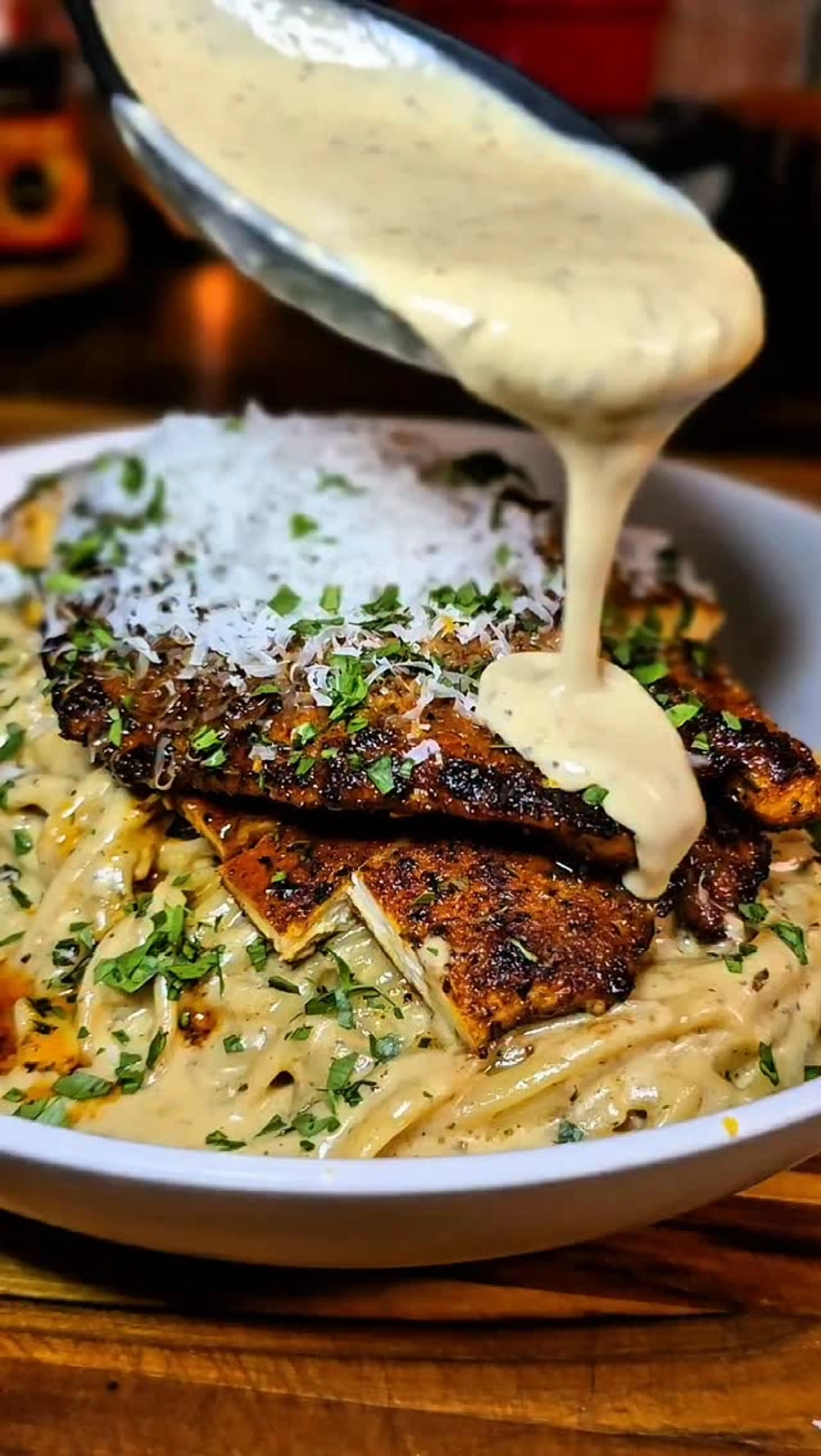 This Is Alimony Alfredo. It Features Blackened Chicken, Blac