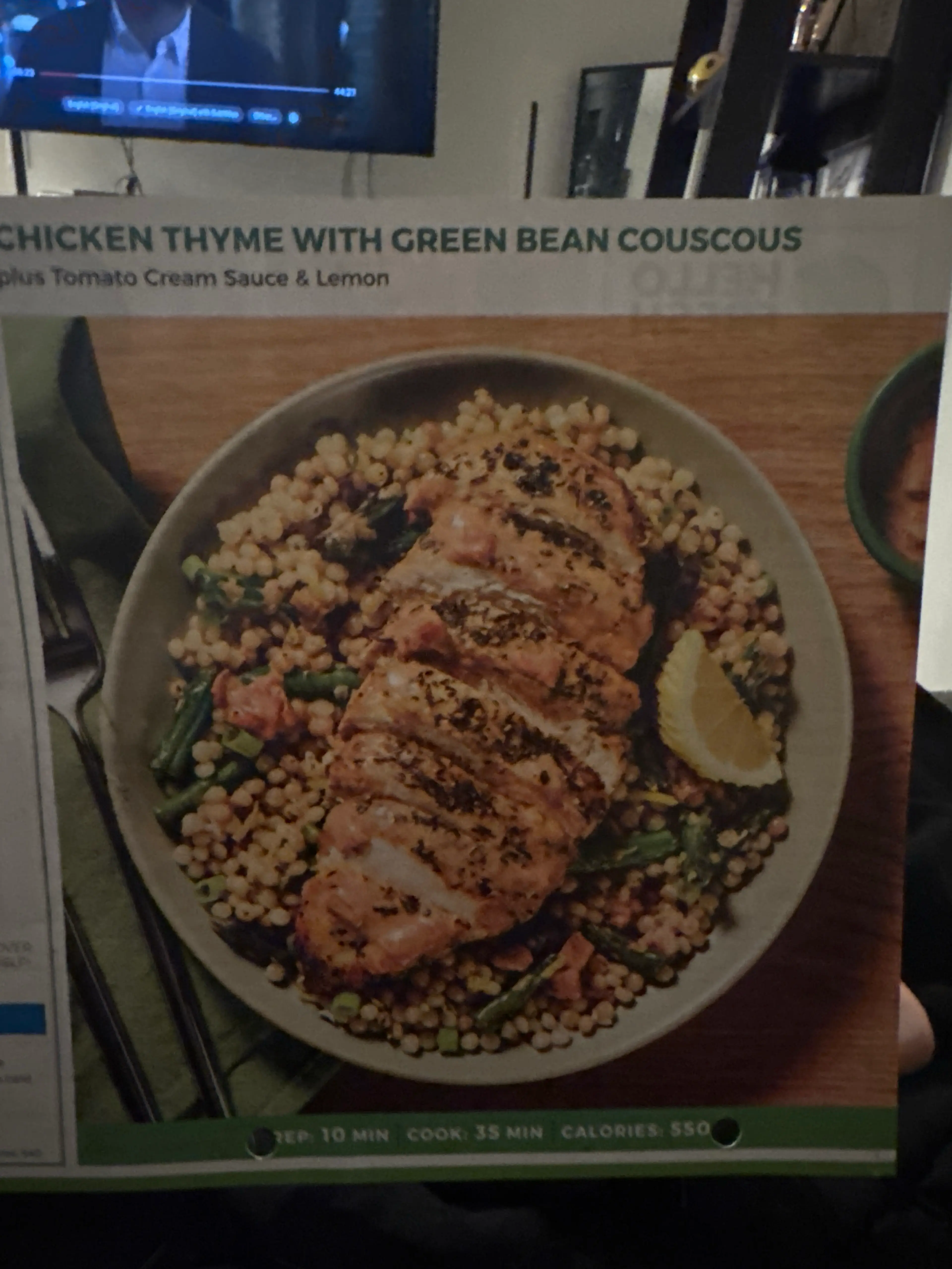 Chicken Thyme With Green Bean Couscous, Tomato Sauce, & Lemo