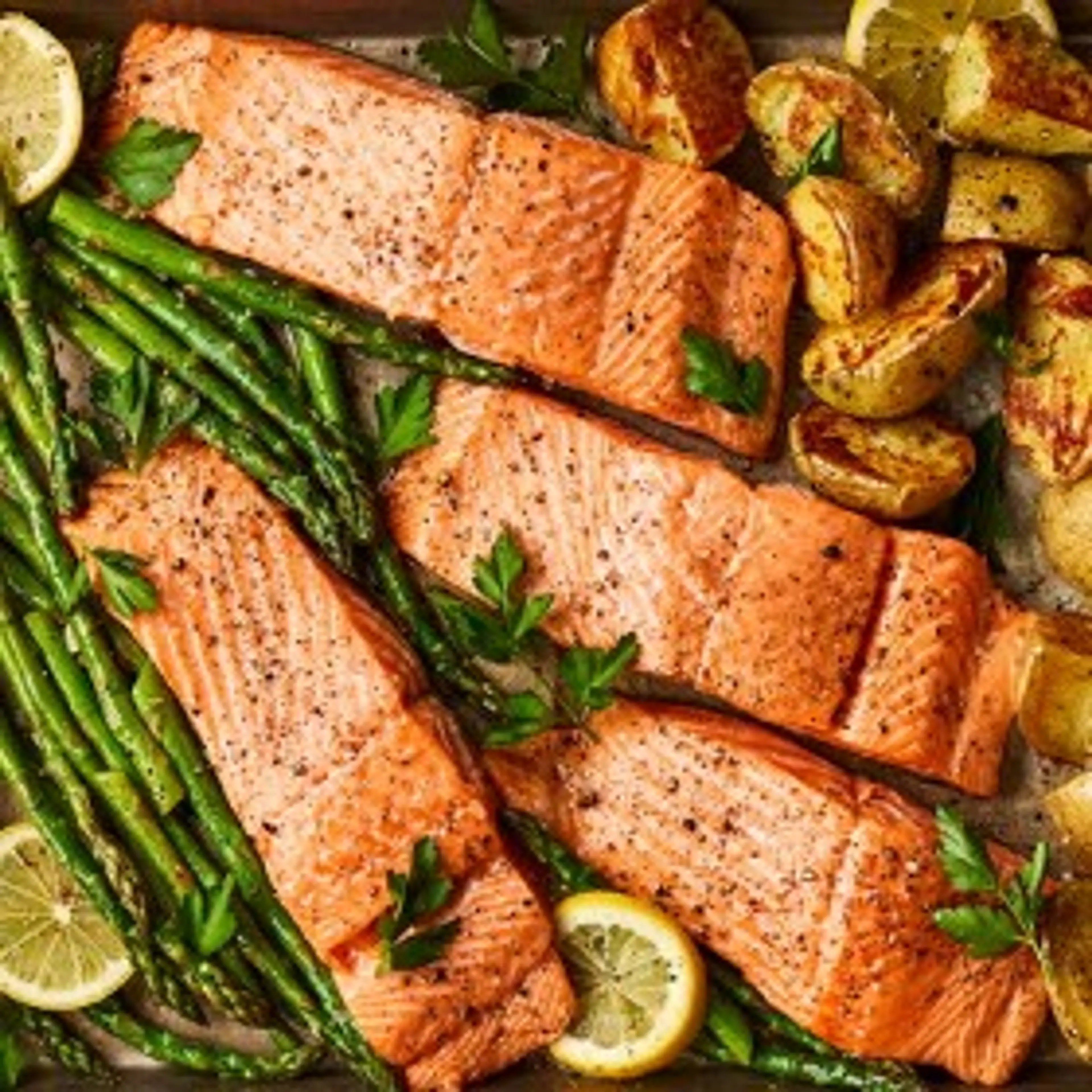 Garlic Butter–Roasted Salmon with Potatoes & Asparagus