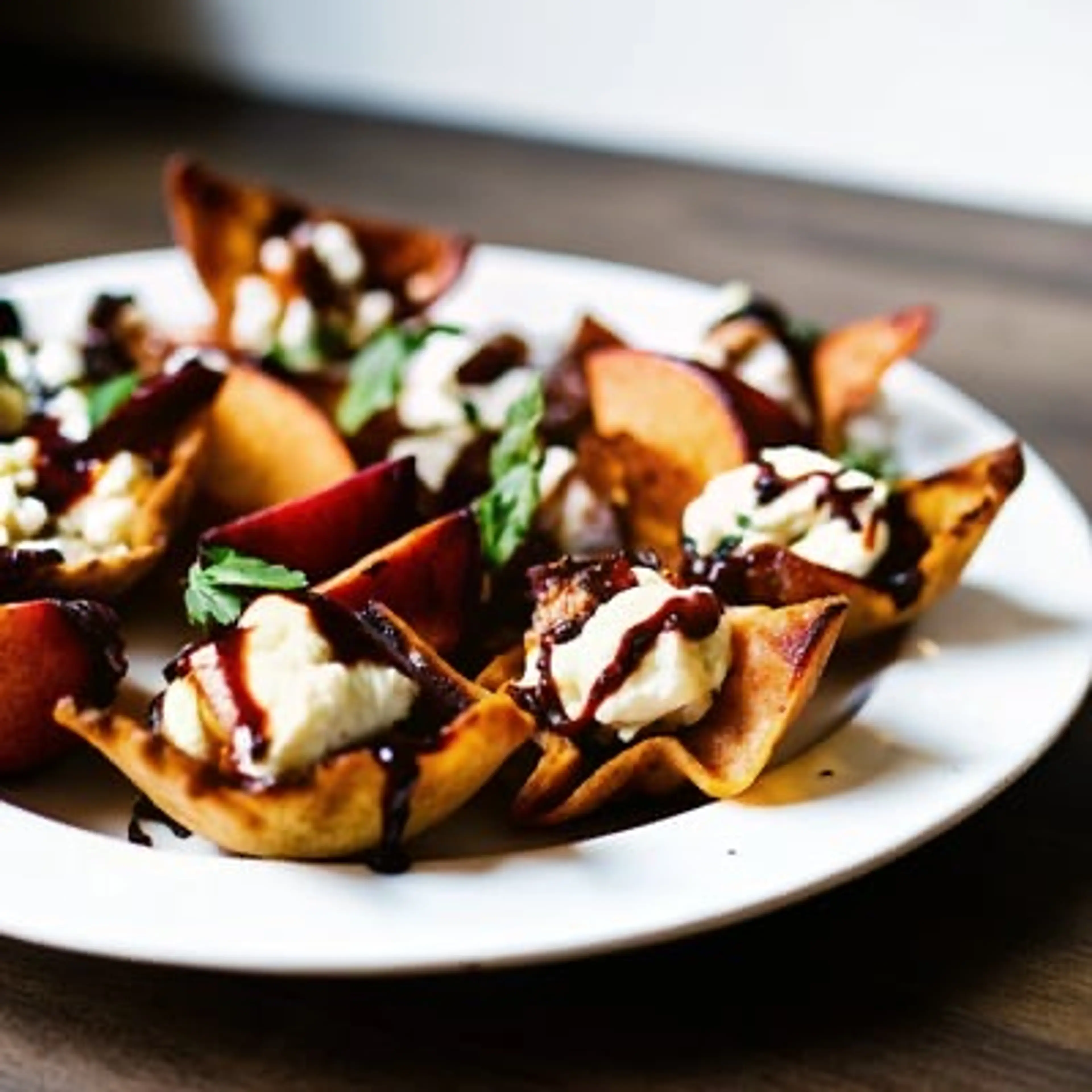 Peach, Goat Cheese & Basil Wonton Bites