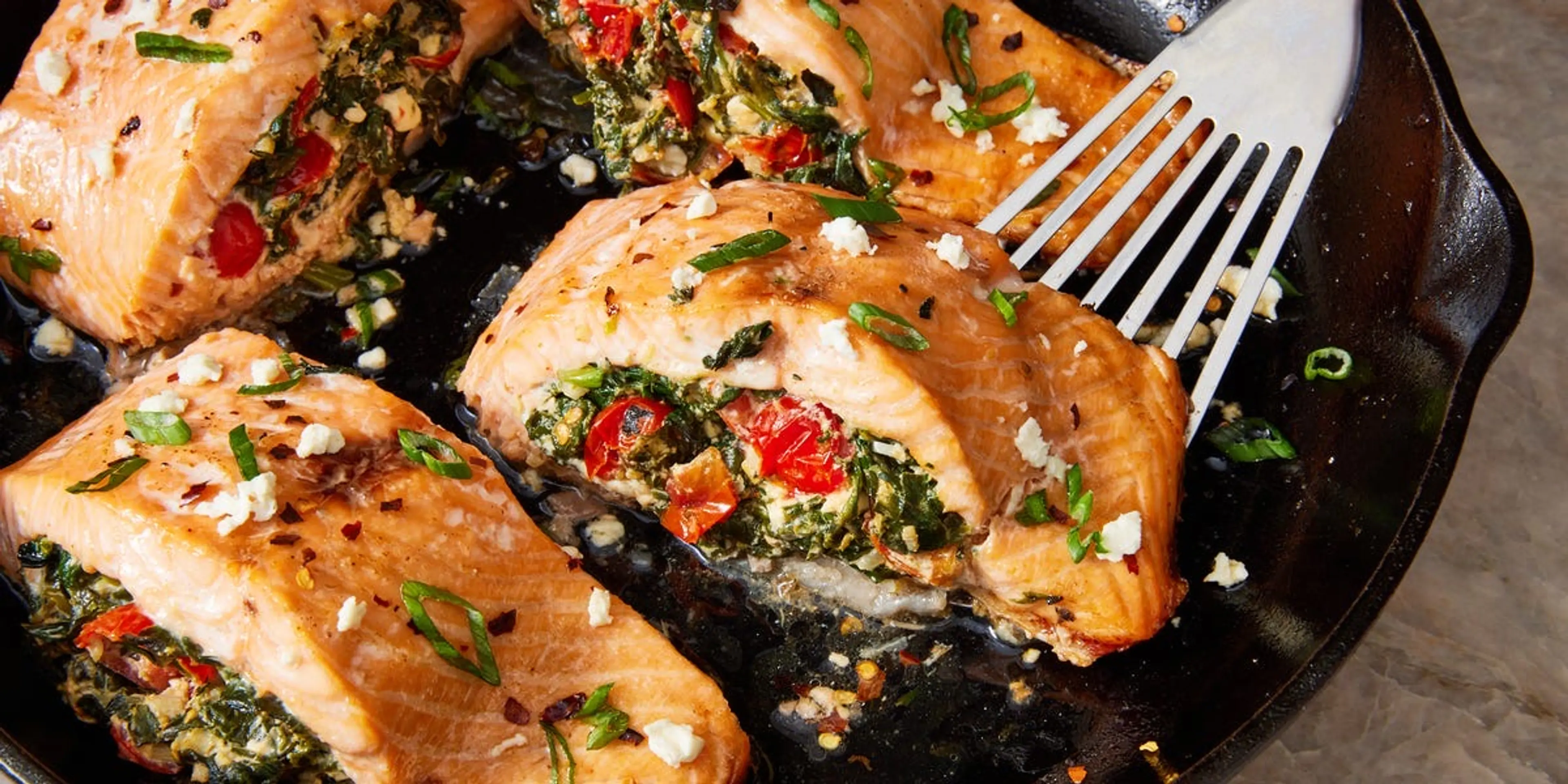 Feta, Spinach & Tomato Stuffed Salmon