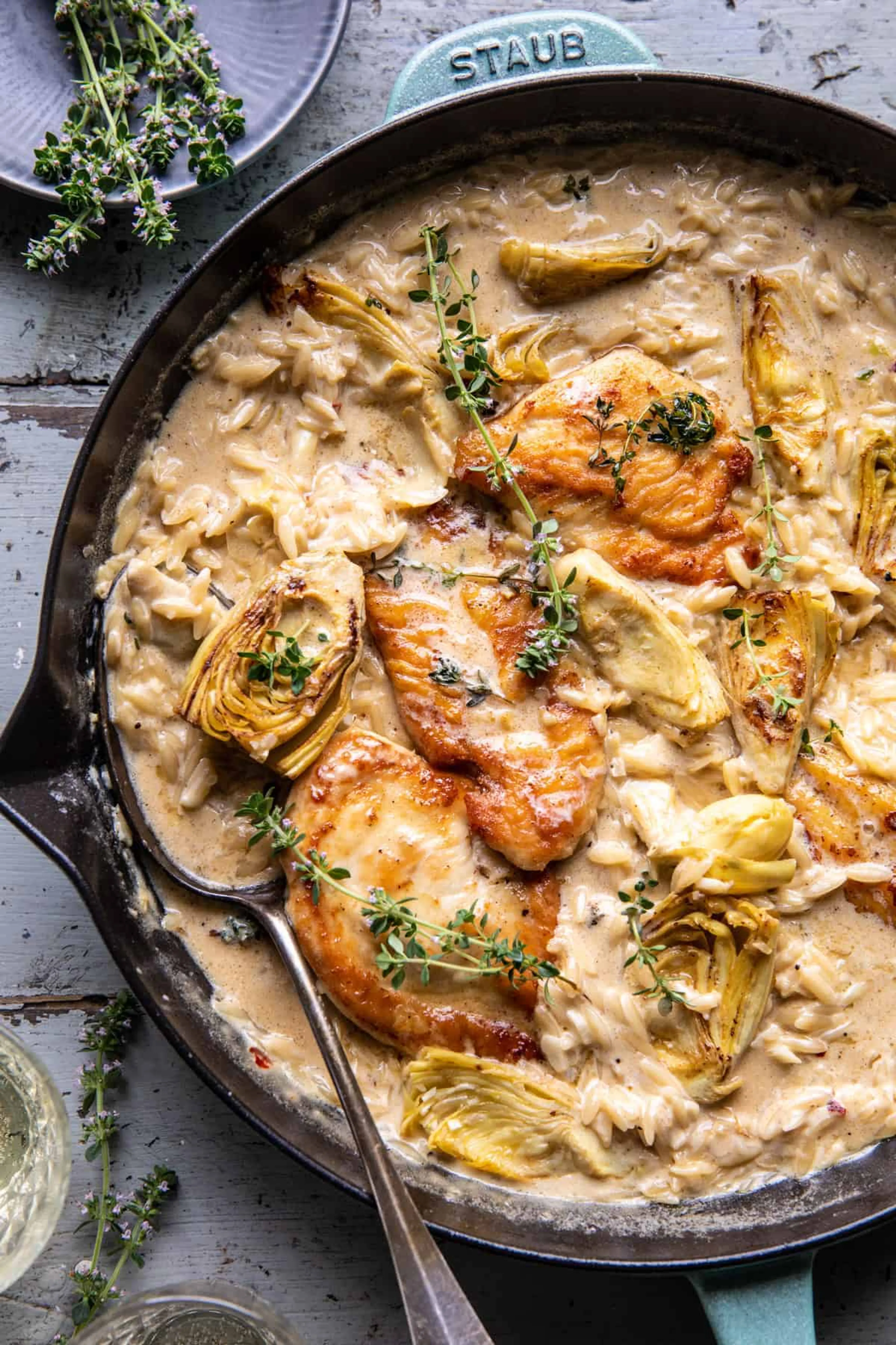 One Skillet Creamy Artichoke Chicken Marsala and Orzo