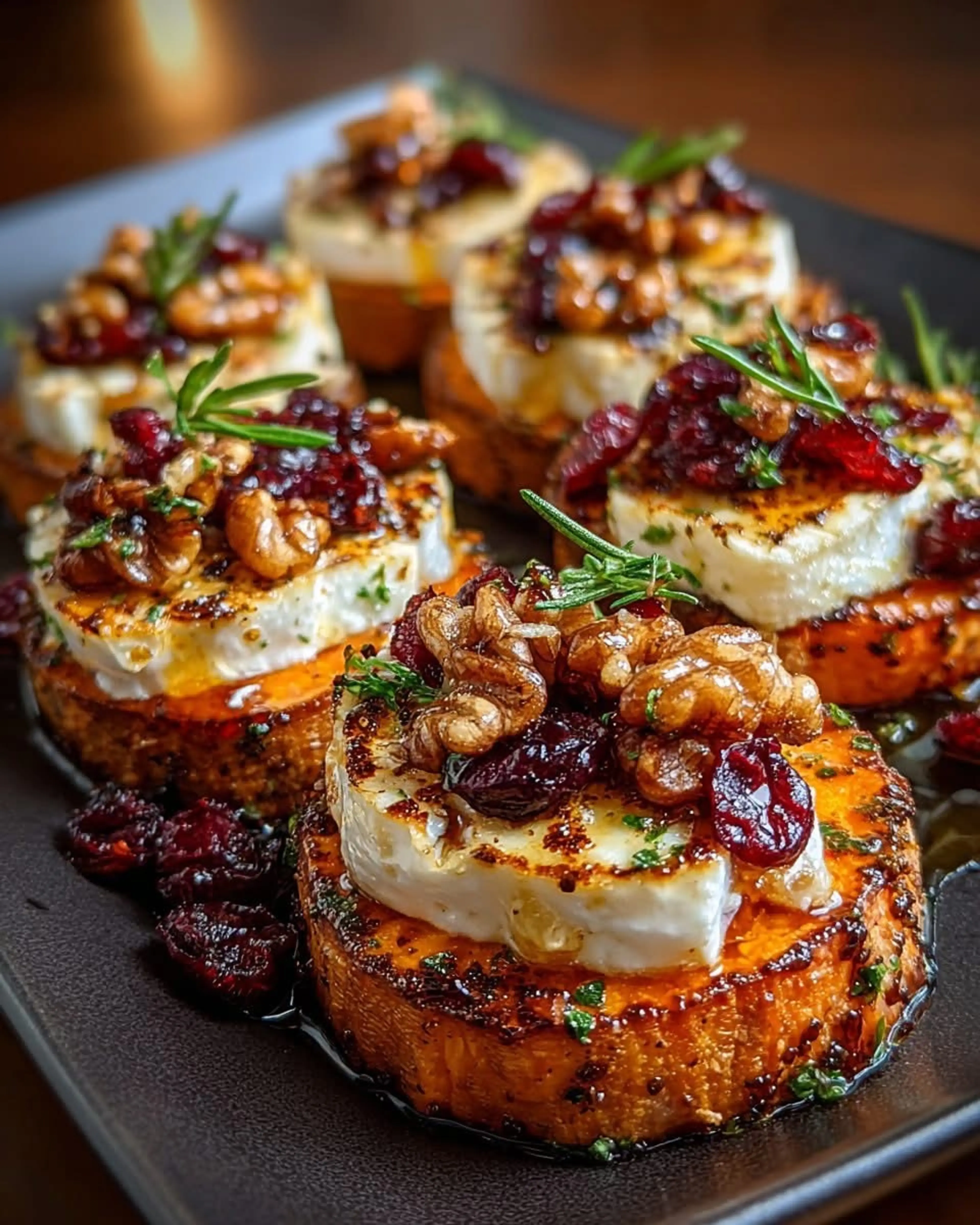 Sweet Potato Rounds with Brie, Cranberries & Toasted Walnuts