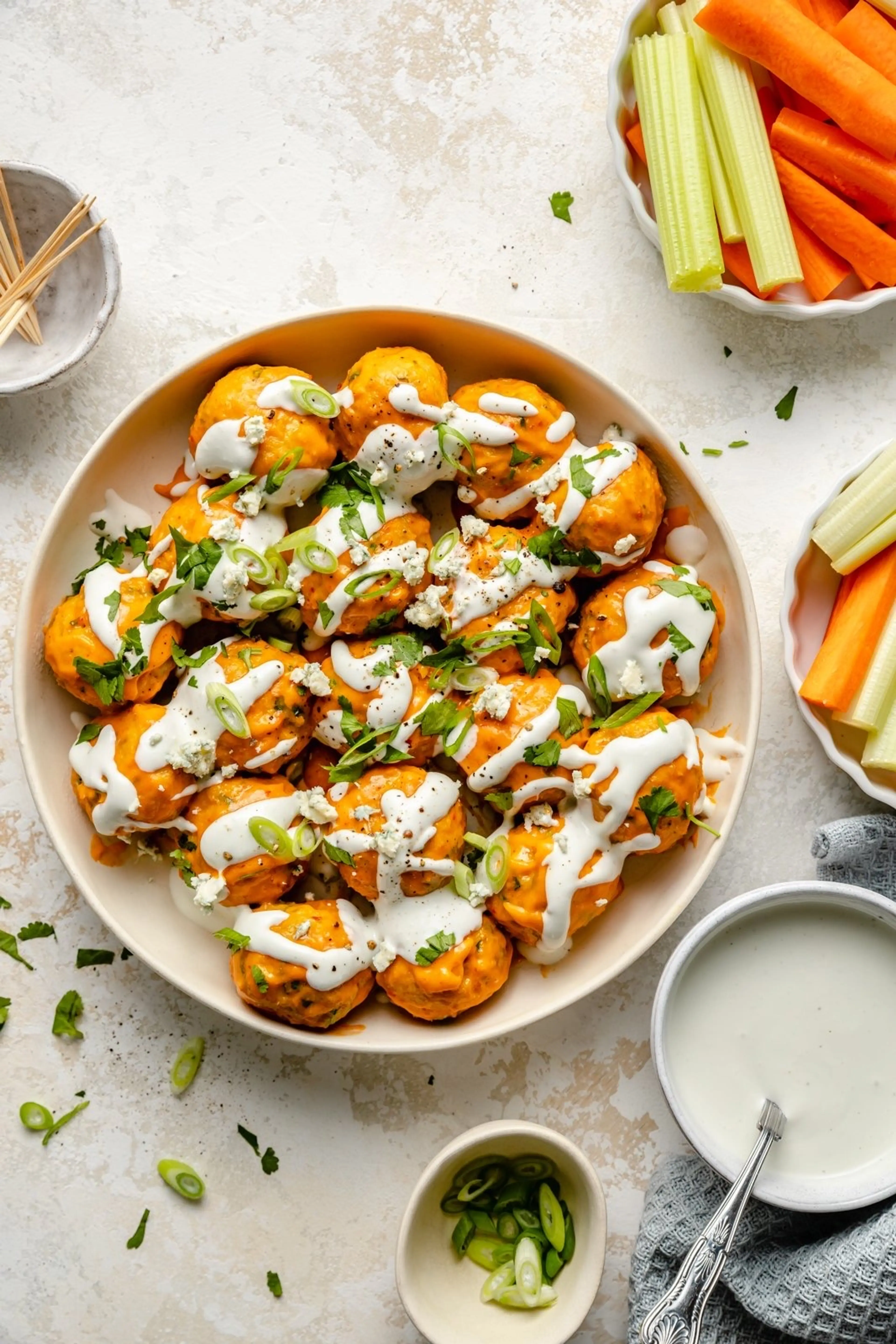 Buffalo Chicken Meatballs with Bleu Cheese Yogurt Dip