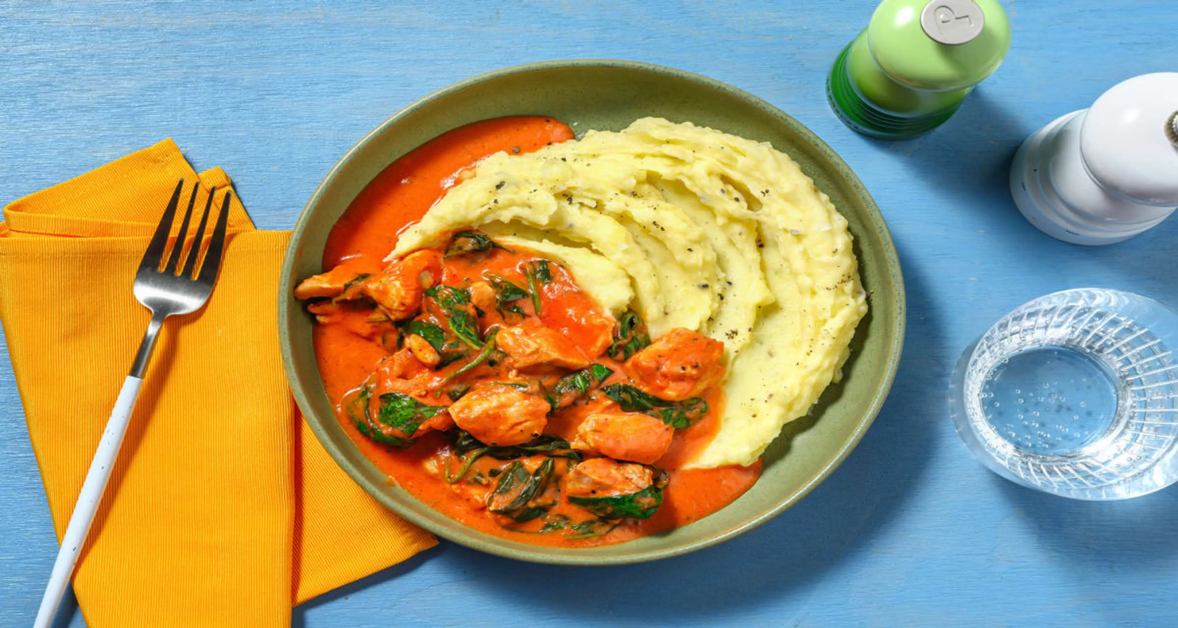 Creamy Tomato Cajun Chicken Breast with Spinach and Mashed P