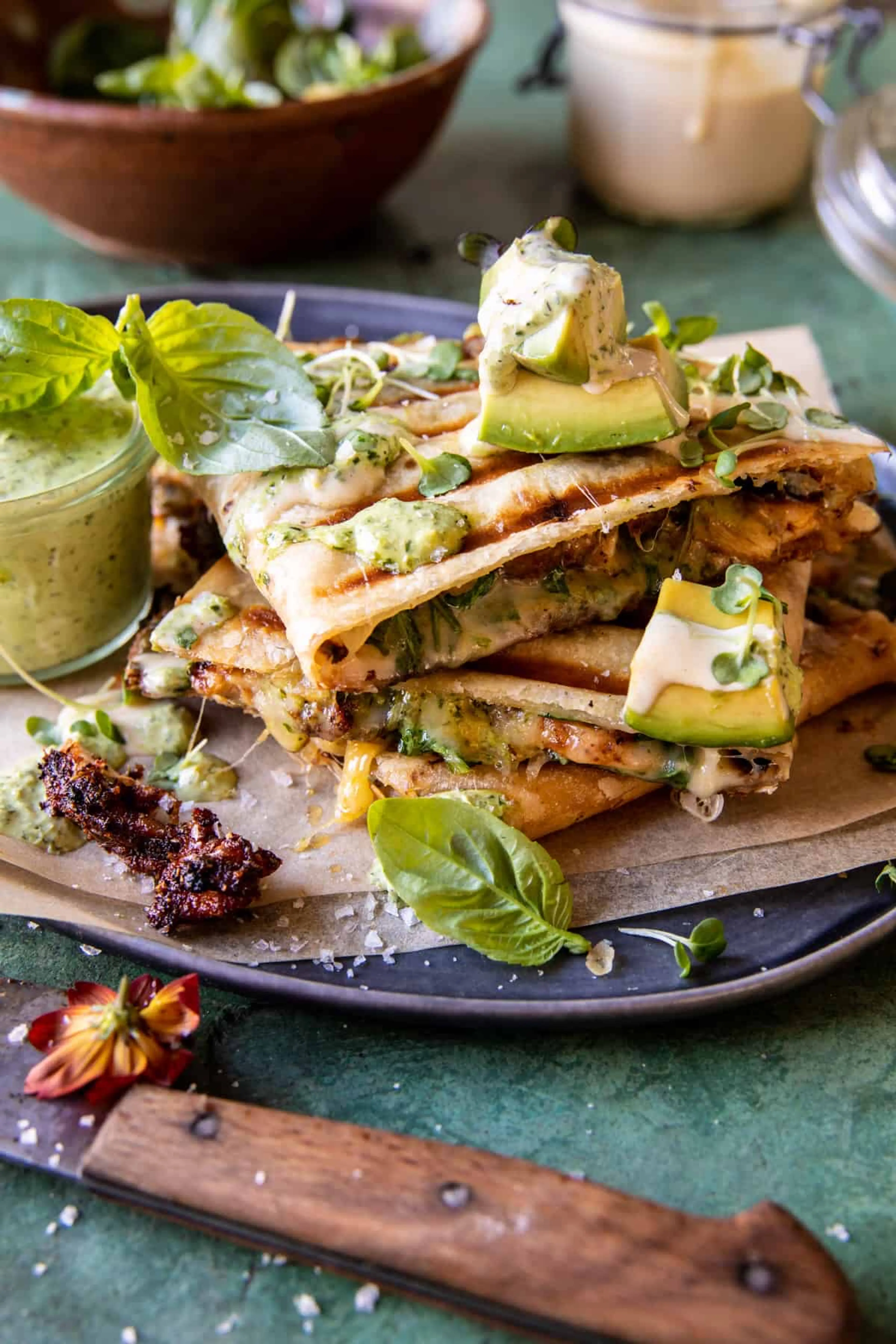 Basil Ranch Chicken and Bacon Quesadilla with Avocado