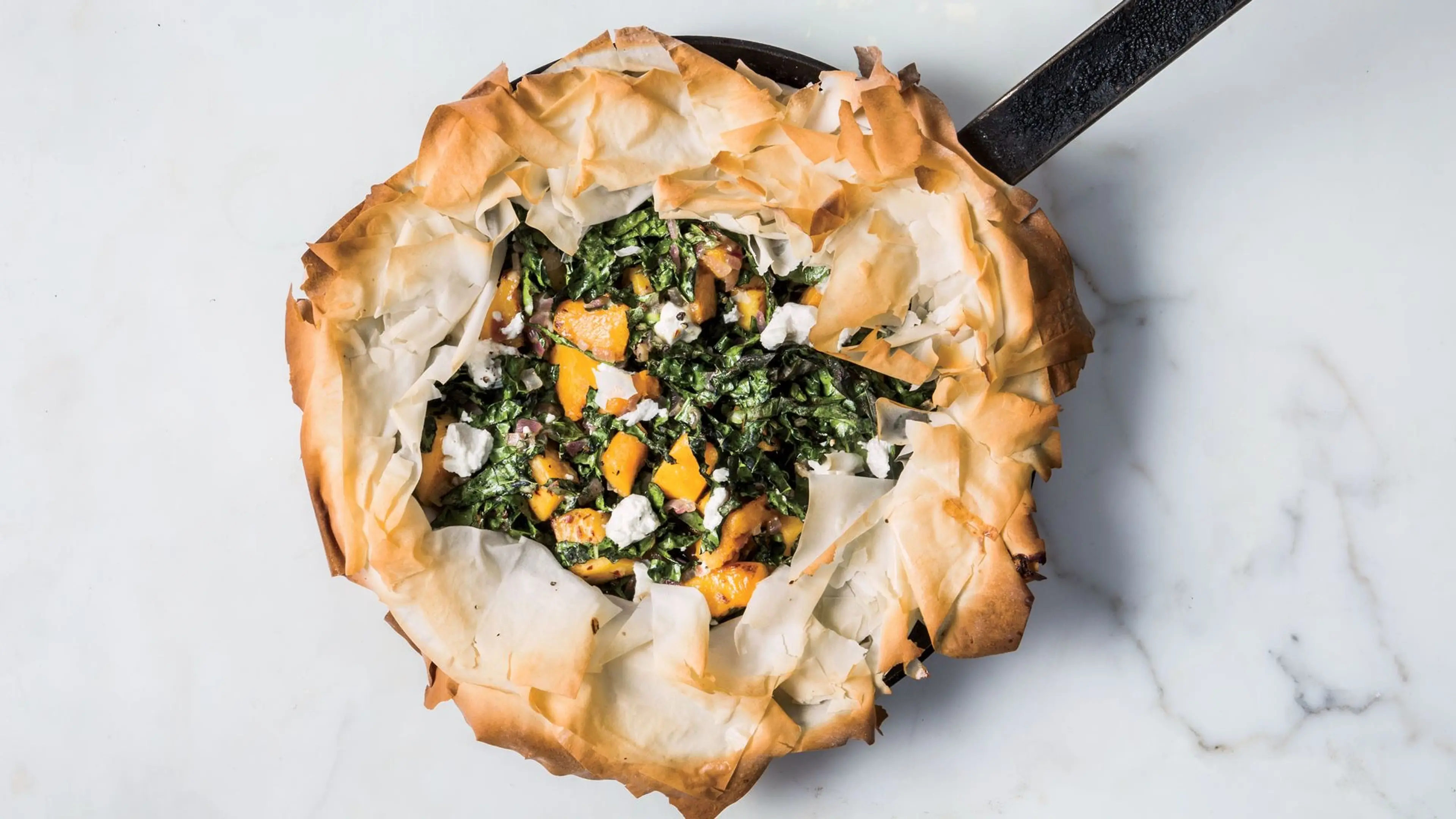 Skillet Phyllo Pie with Butternut Squash, Kale, and Goat Che