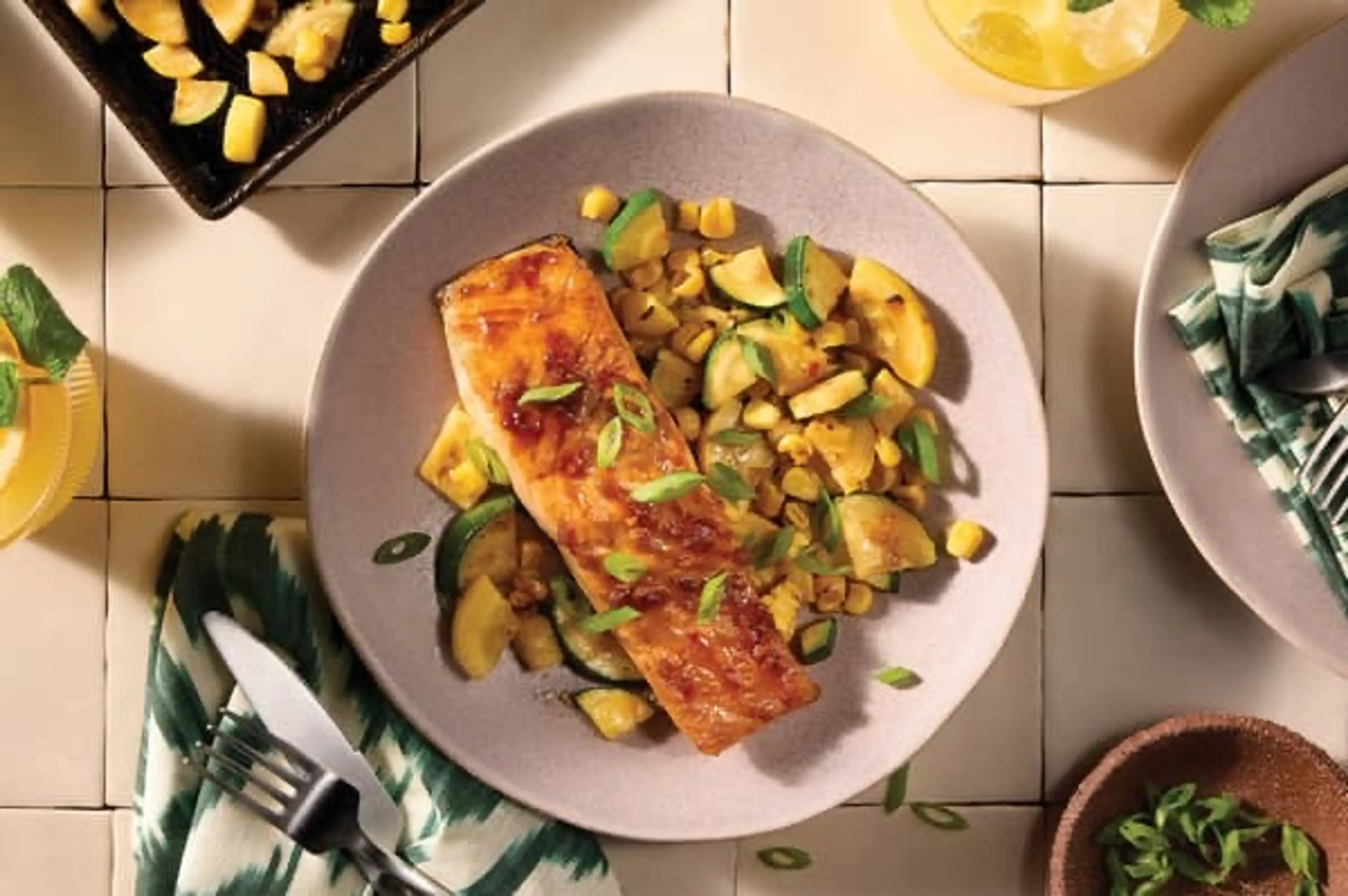 Apricot-Glazed Salmon with zucchini and corn
