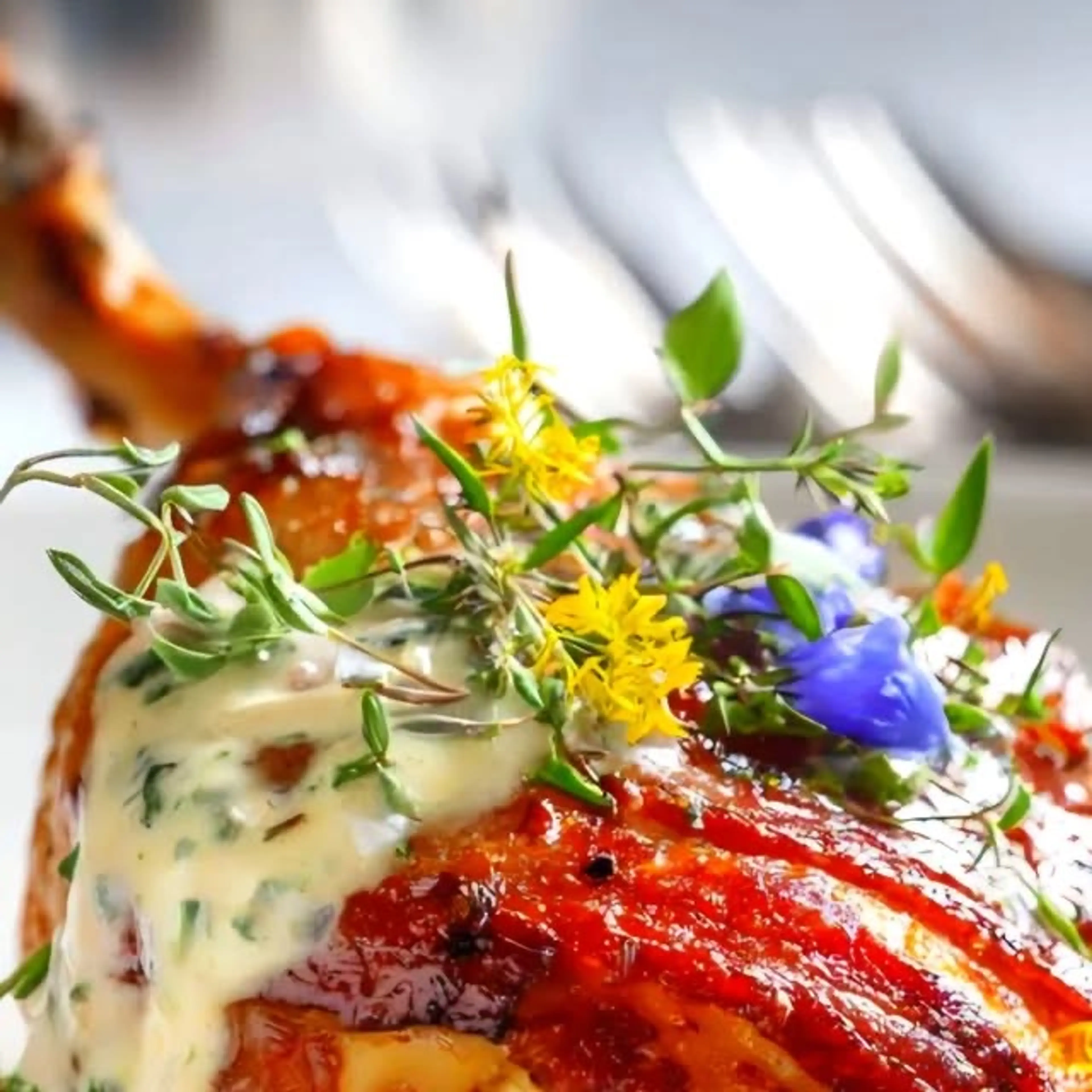 Crispy Bacon-wrapped Chicken Leg with Creamy Herb Sauce & As