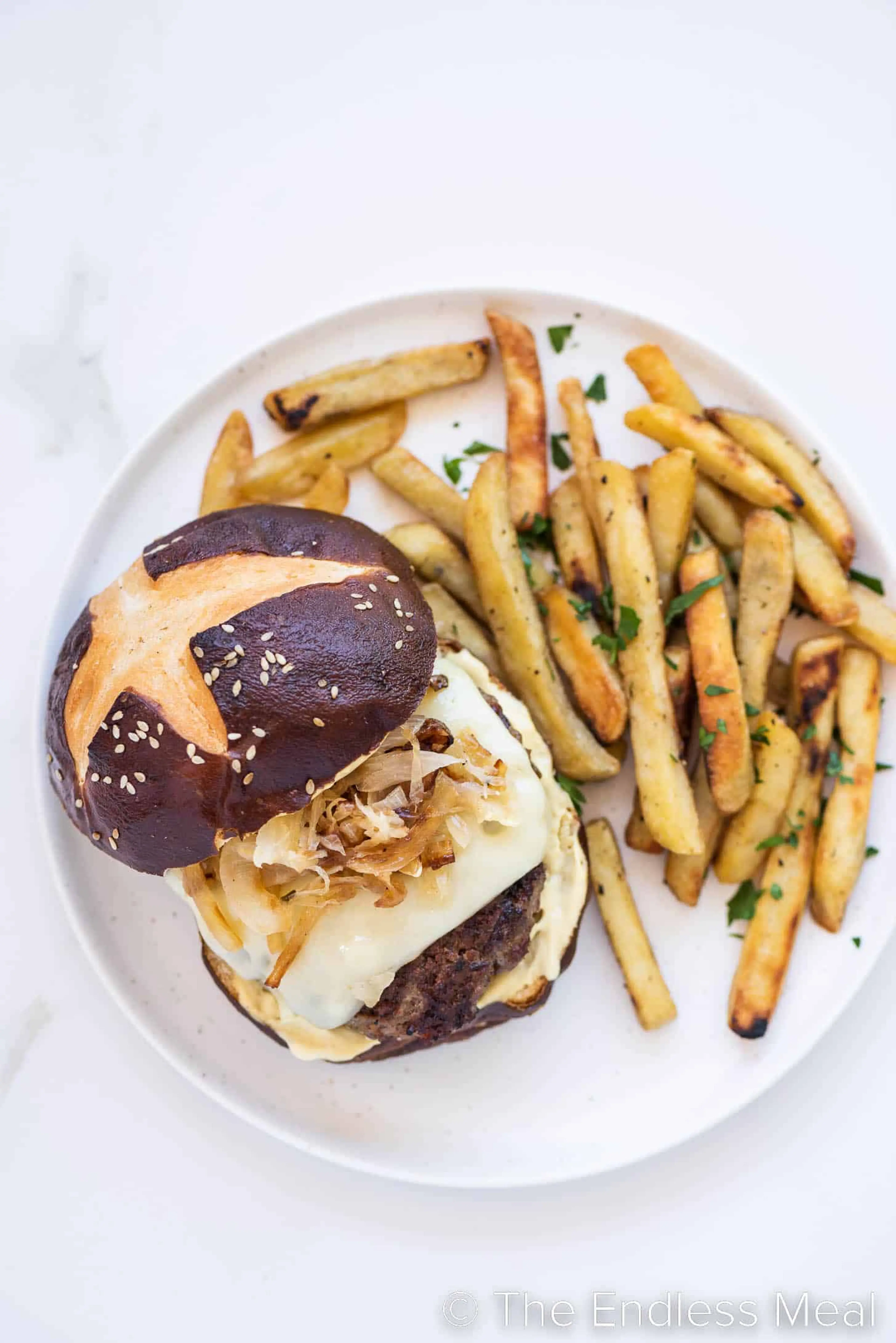 Bratwurst Burger with Onion Sauerkraut Topping