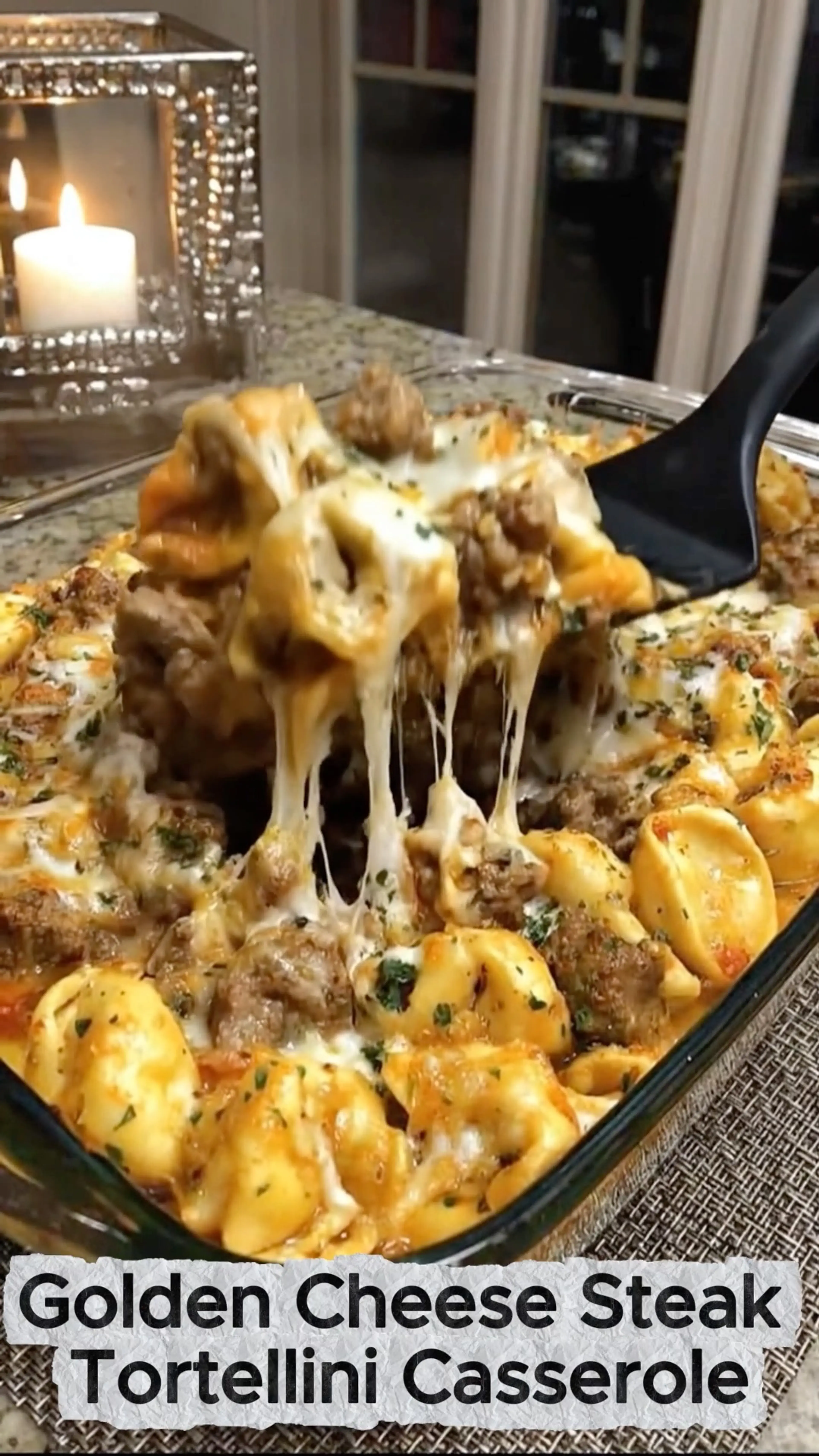 Golden Cheese Steak Tortellini Casserole