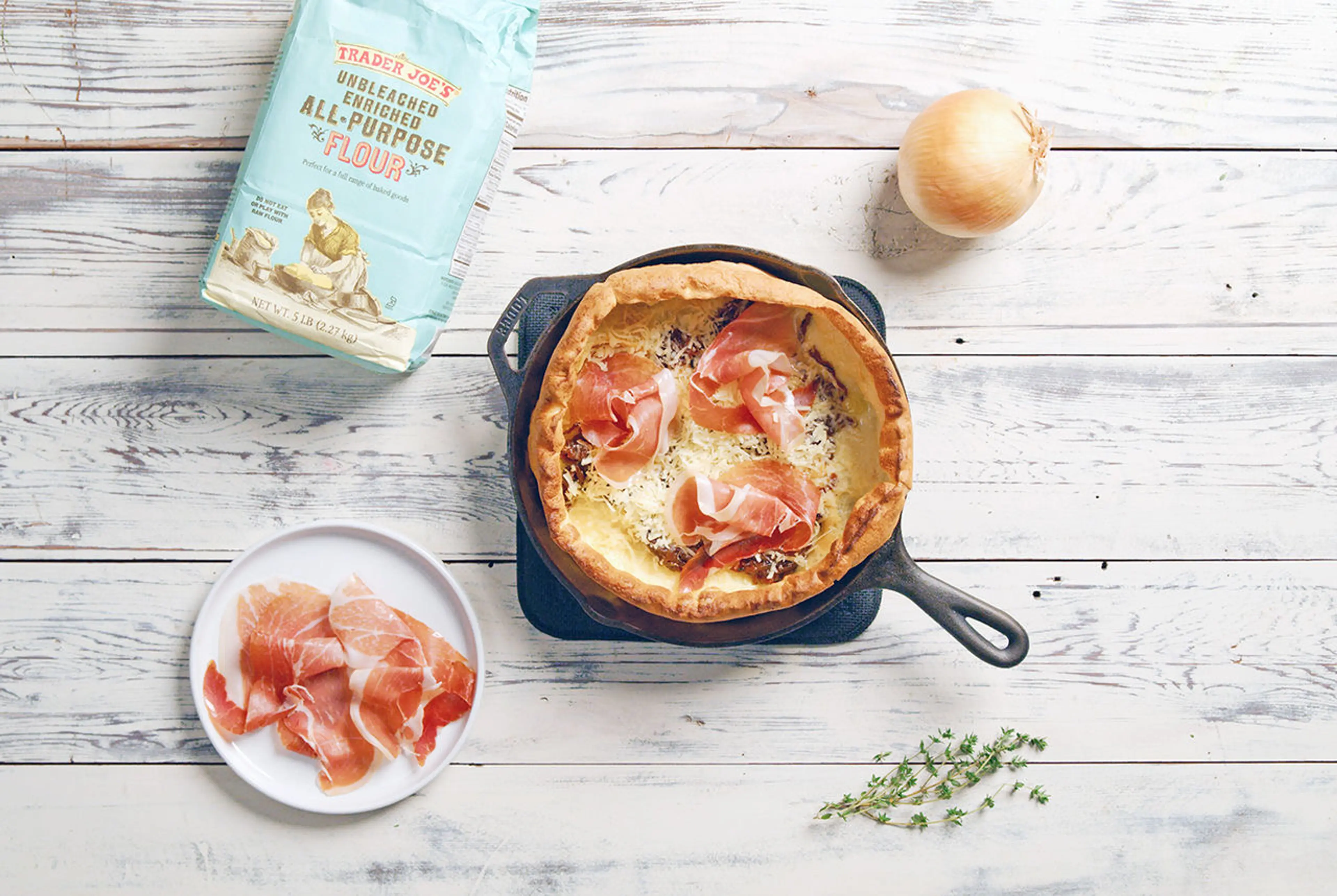Dutch Baby Pancake with Caramelized Onion, Prosciutto, and G
