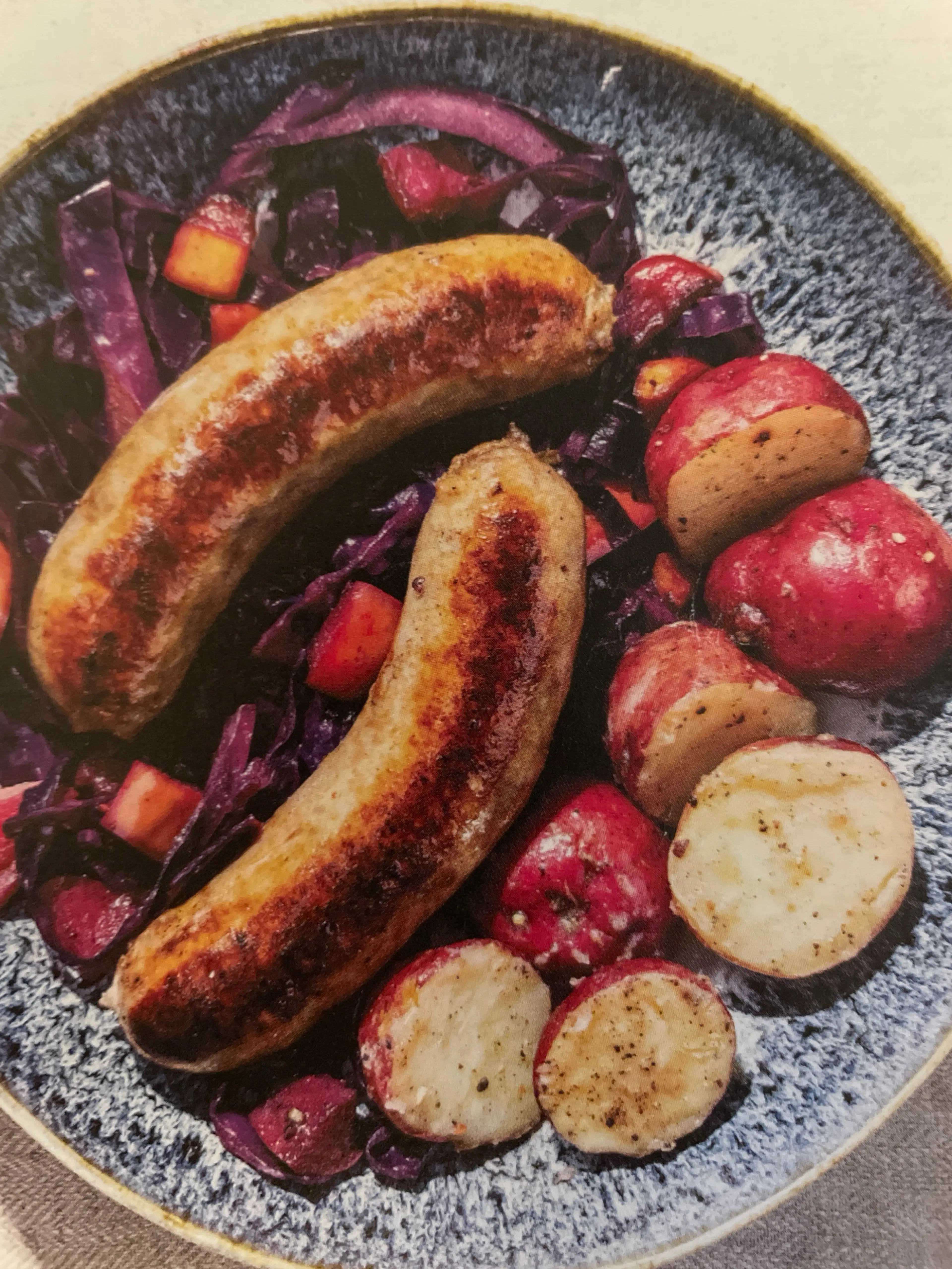 Bratwursts with Braised Red Cabbage and Potatoes