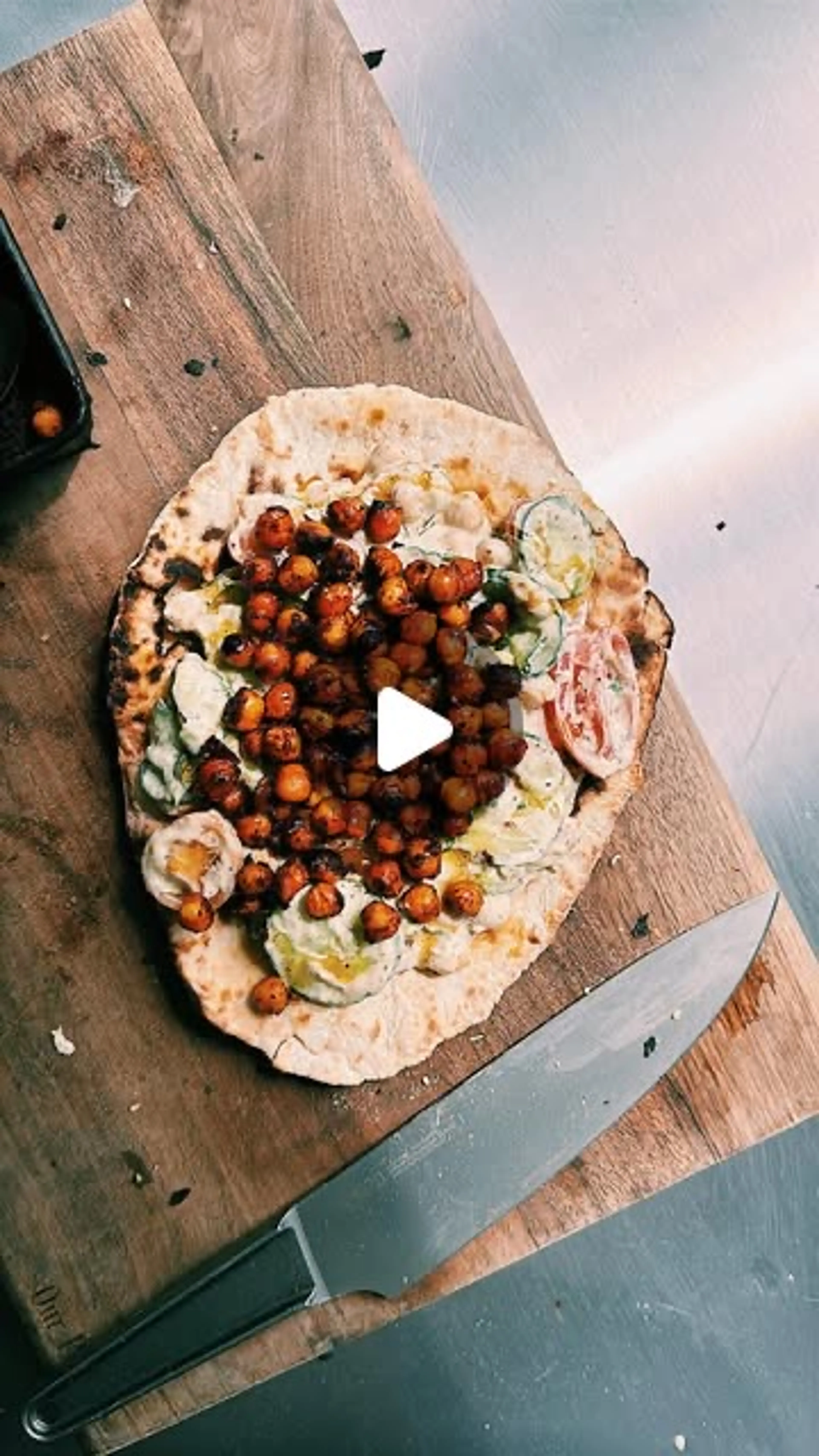 Cucumber Salad Flatbread with Crispy Harissa Chickpeas