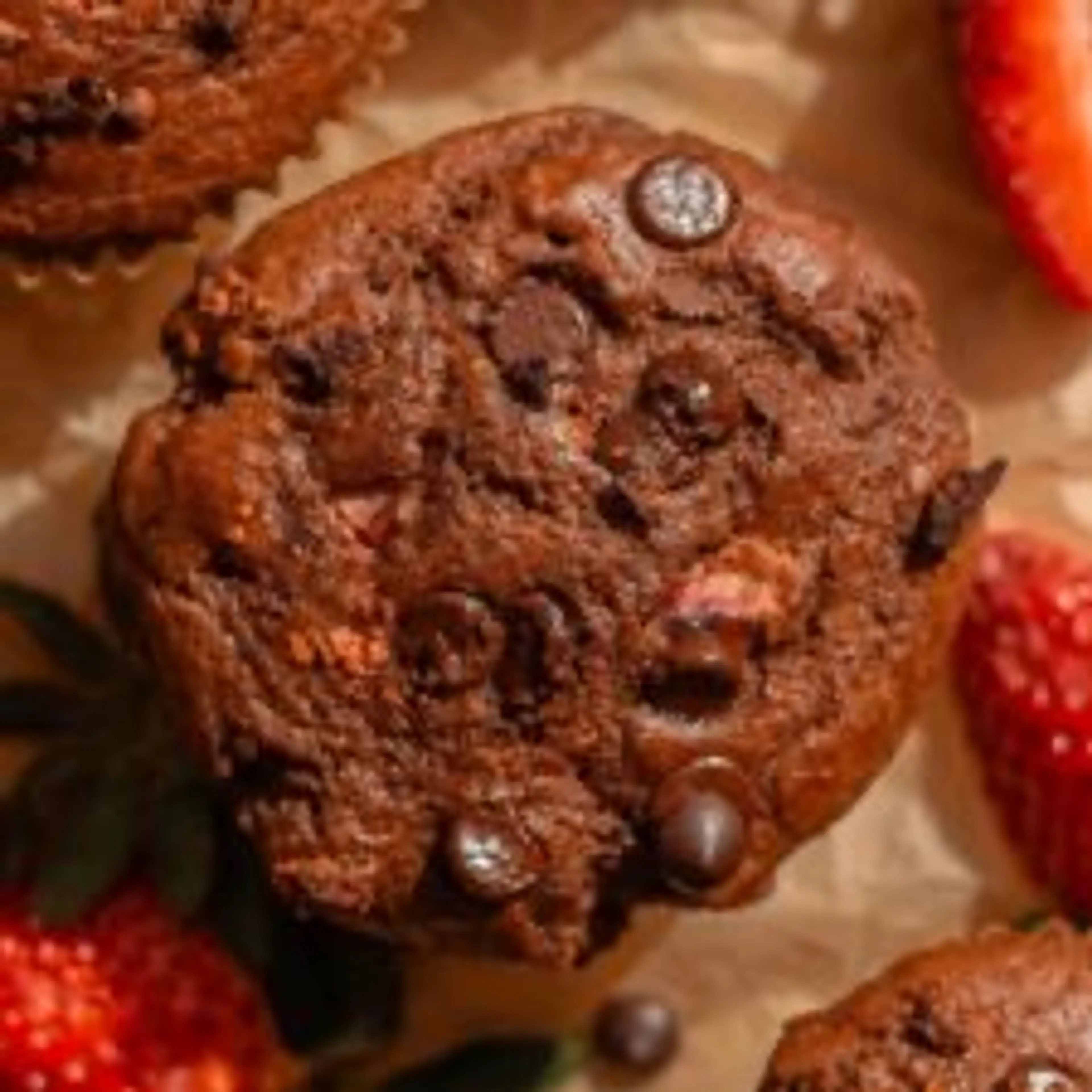 Sourdough Chocolate Protein Muffins with Strawberries