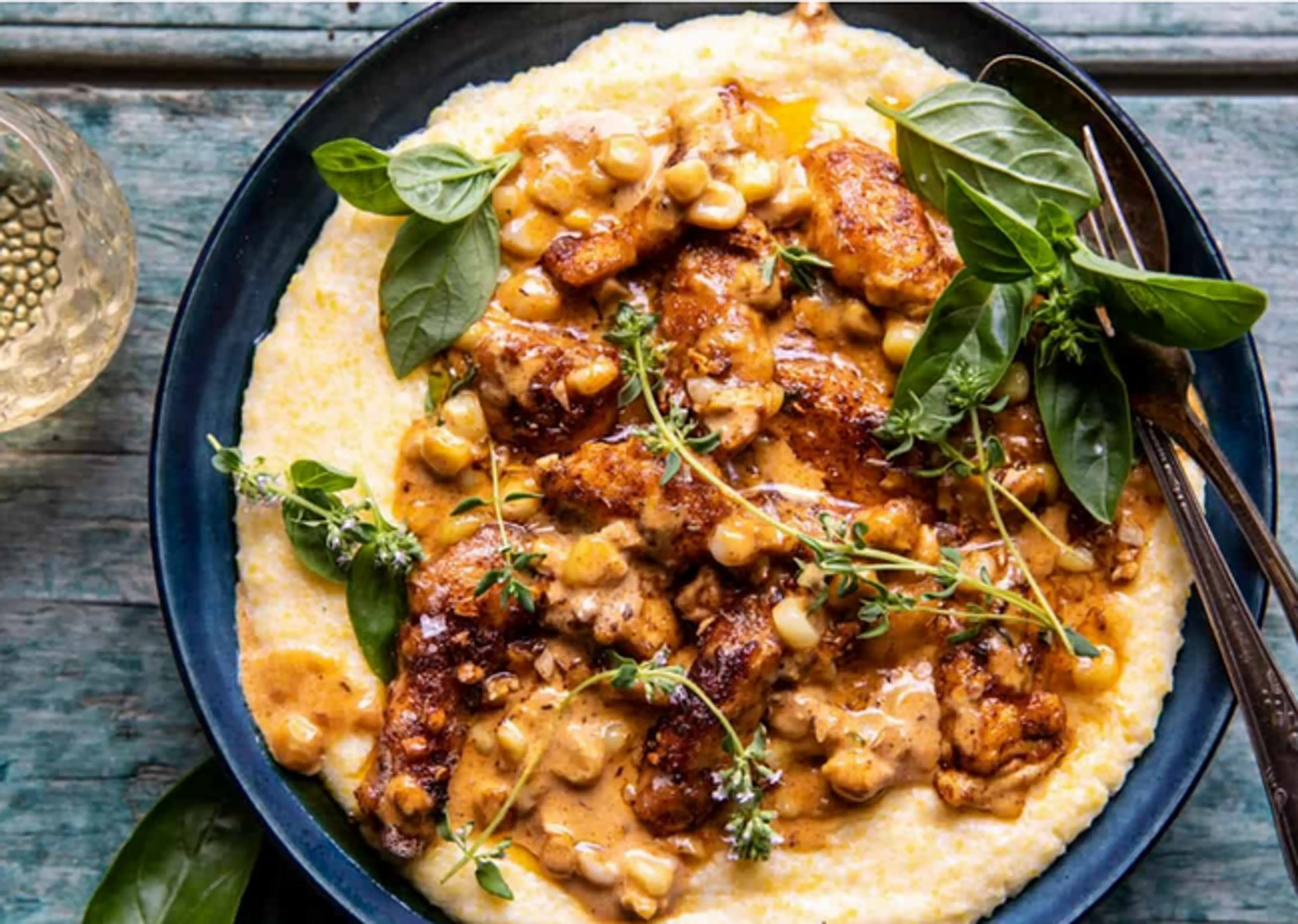 Creamy Garlic Corn Chicken with Cheesy Polenta