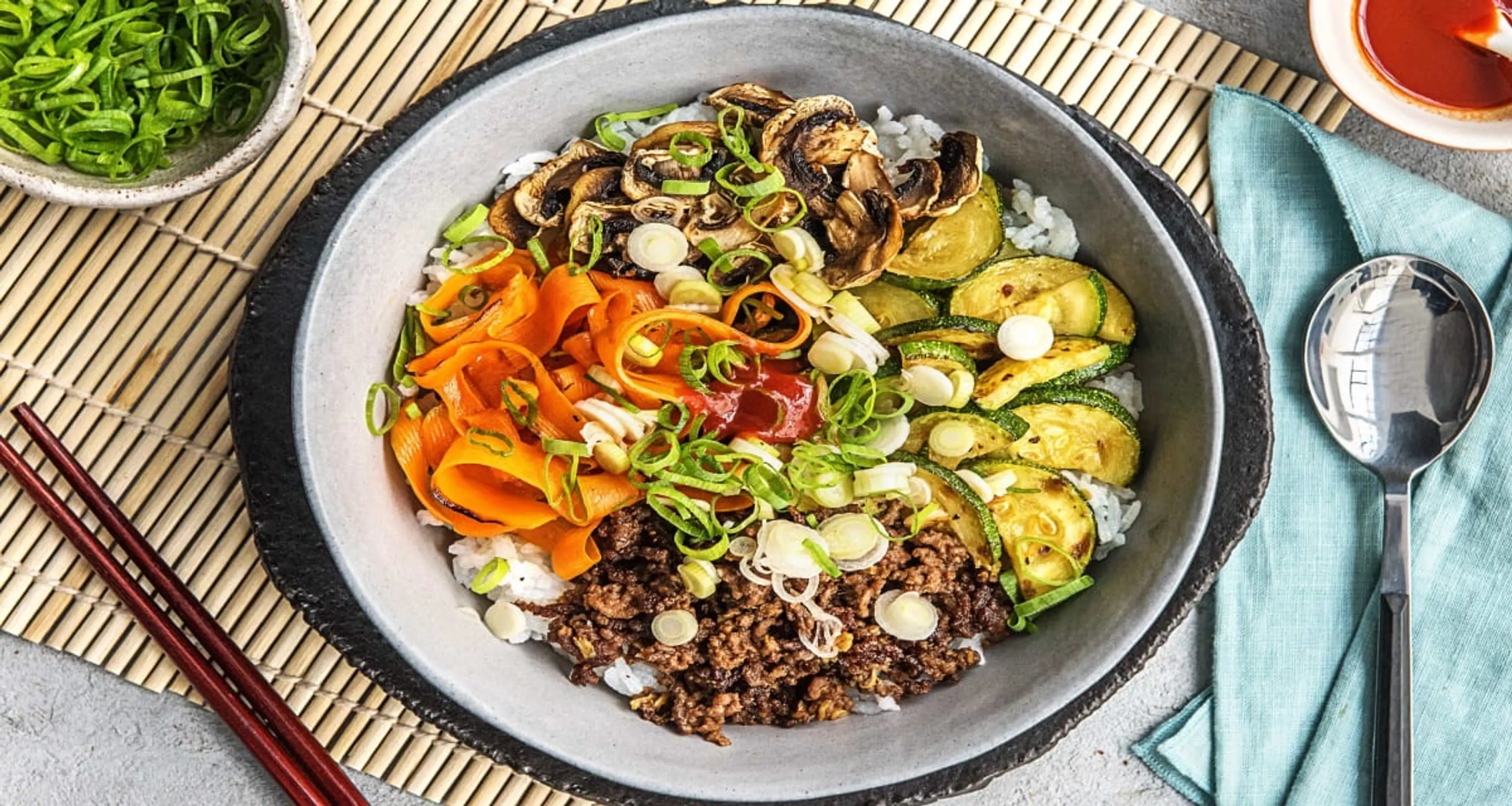 Korean Beef Bibimbap with Zucchini, Mushrooms, and Carrot