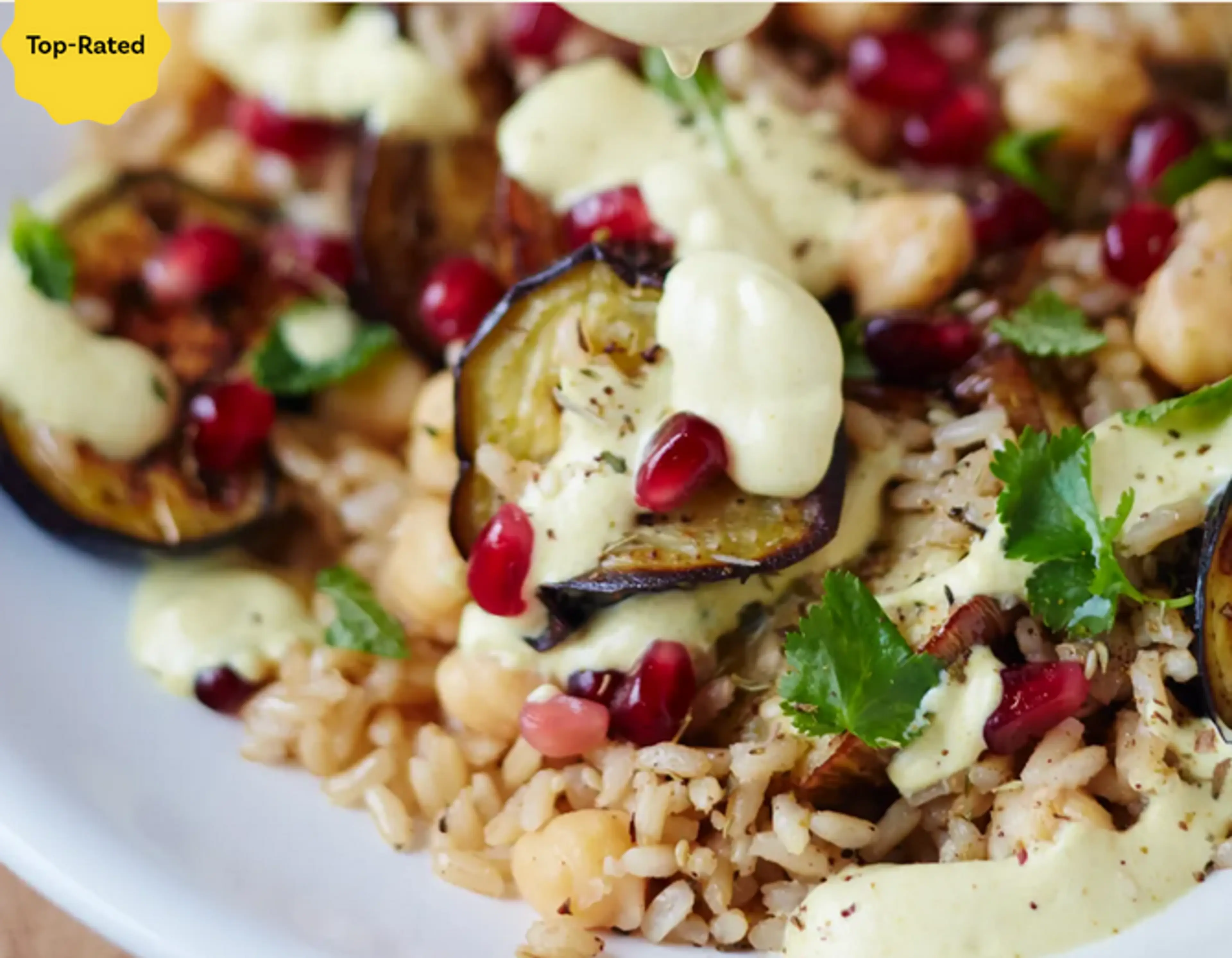 Roasted Eggplant and Brown Rice Bowl with Turmeric Tahini