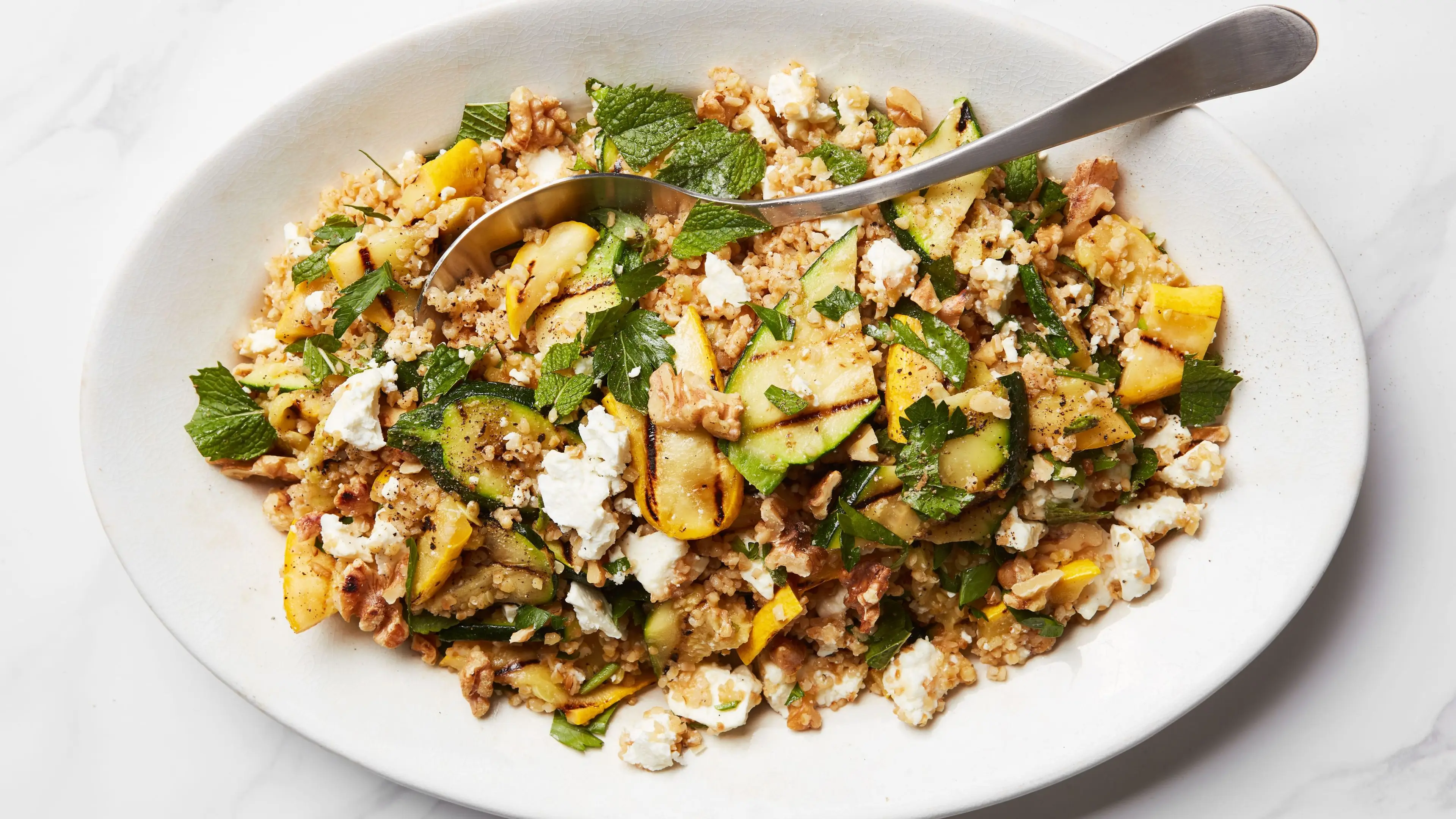 Grilled Zuke &Bulgur Salad W Feta & Preserved-Lemon Dressing