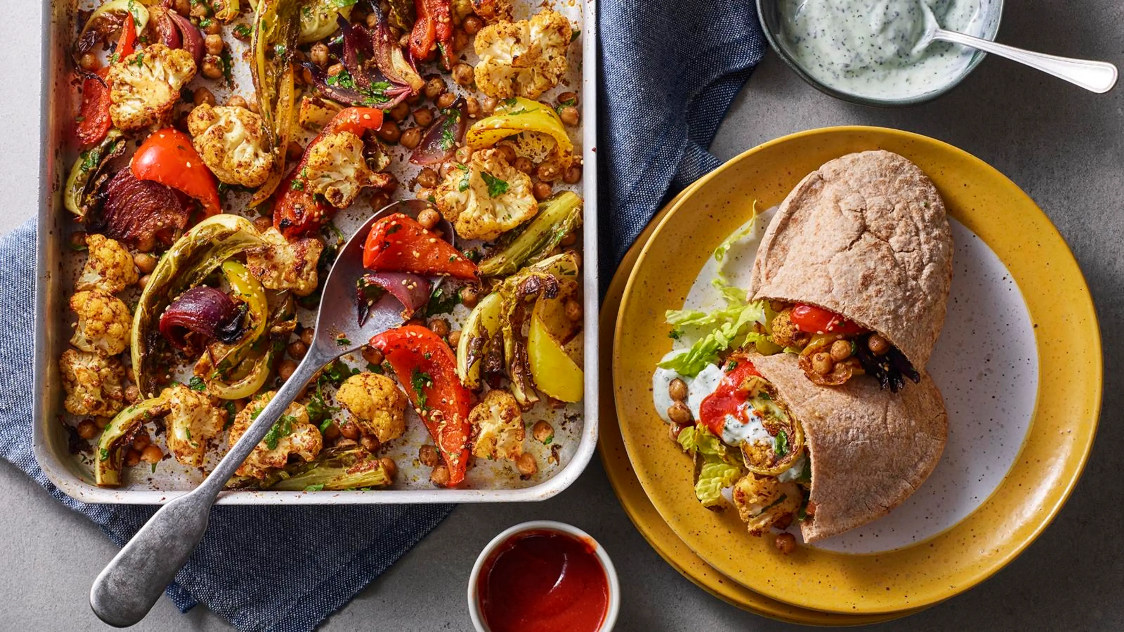 Chickpea traybake pittas