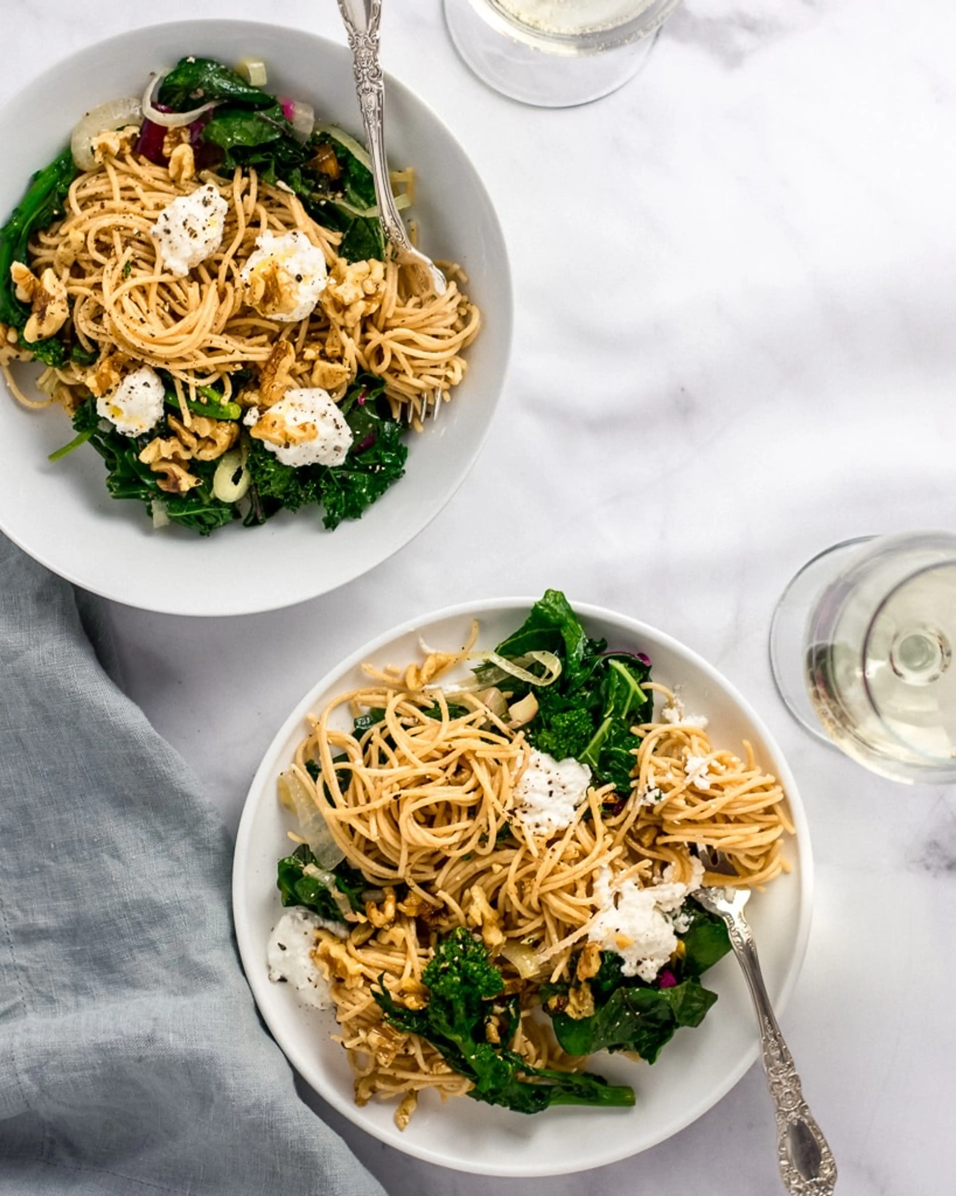 Whole-Wheat Pasta with Toasted Walnuts, Greens, and Ricotta